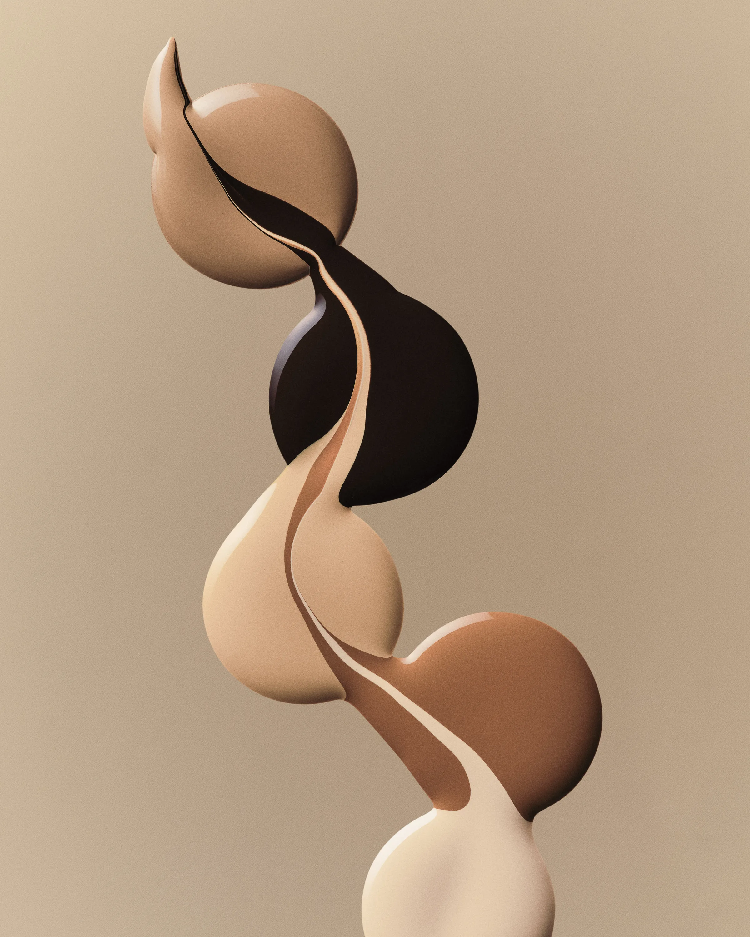 Swirling foundation swatches in shades from fair to deep brown on a beige background, for Kylie Cosmetics.