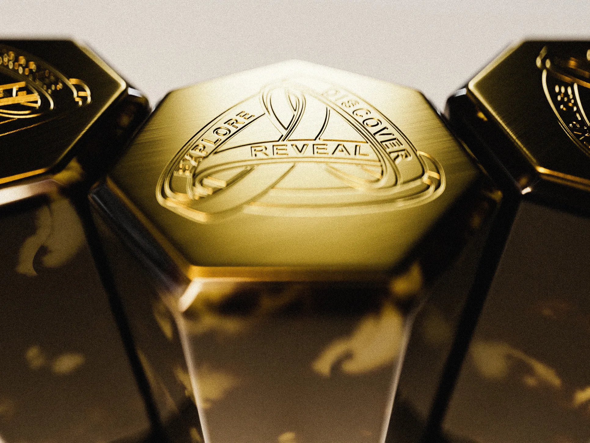 CGI render of hexagonal bottles with brushed gold caps engraved Explore, Discover, Reveal over tortoiseshell bodies, for Auteur.