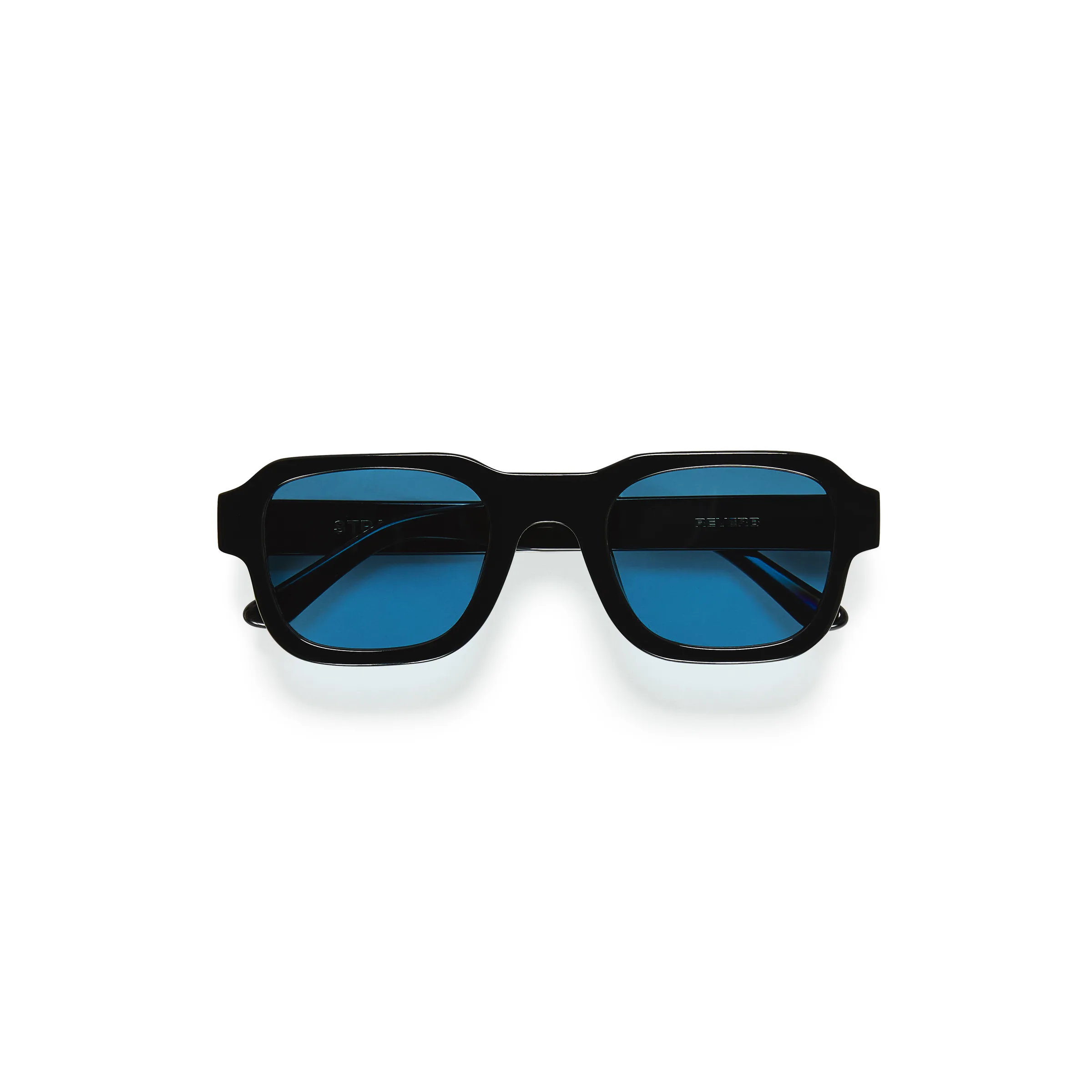 Black square-frame sunglasses with azure blue lenses, folded on a white background, for Strata.