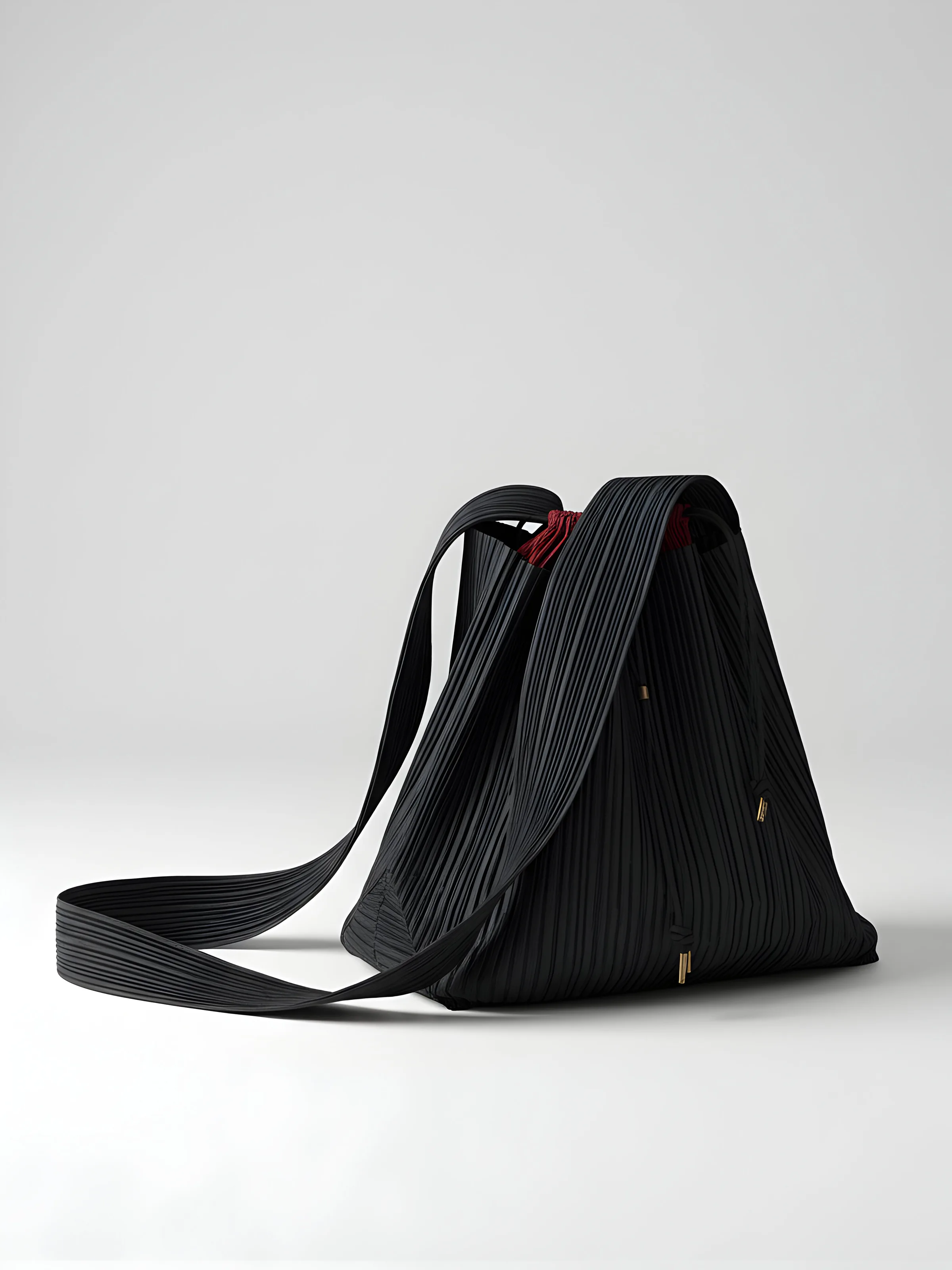AI image of a black pleated shoulder bag with long strap and red lining on a pale grey backdrop. Issey Miyake AI Concept.
