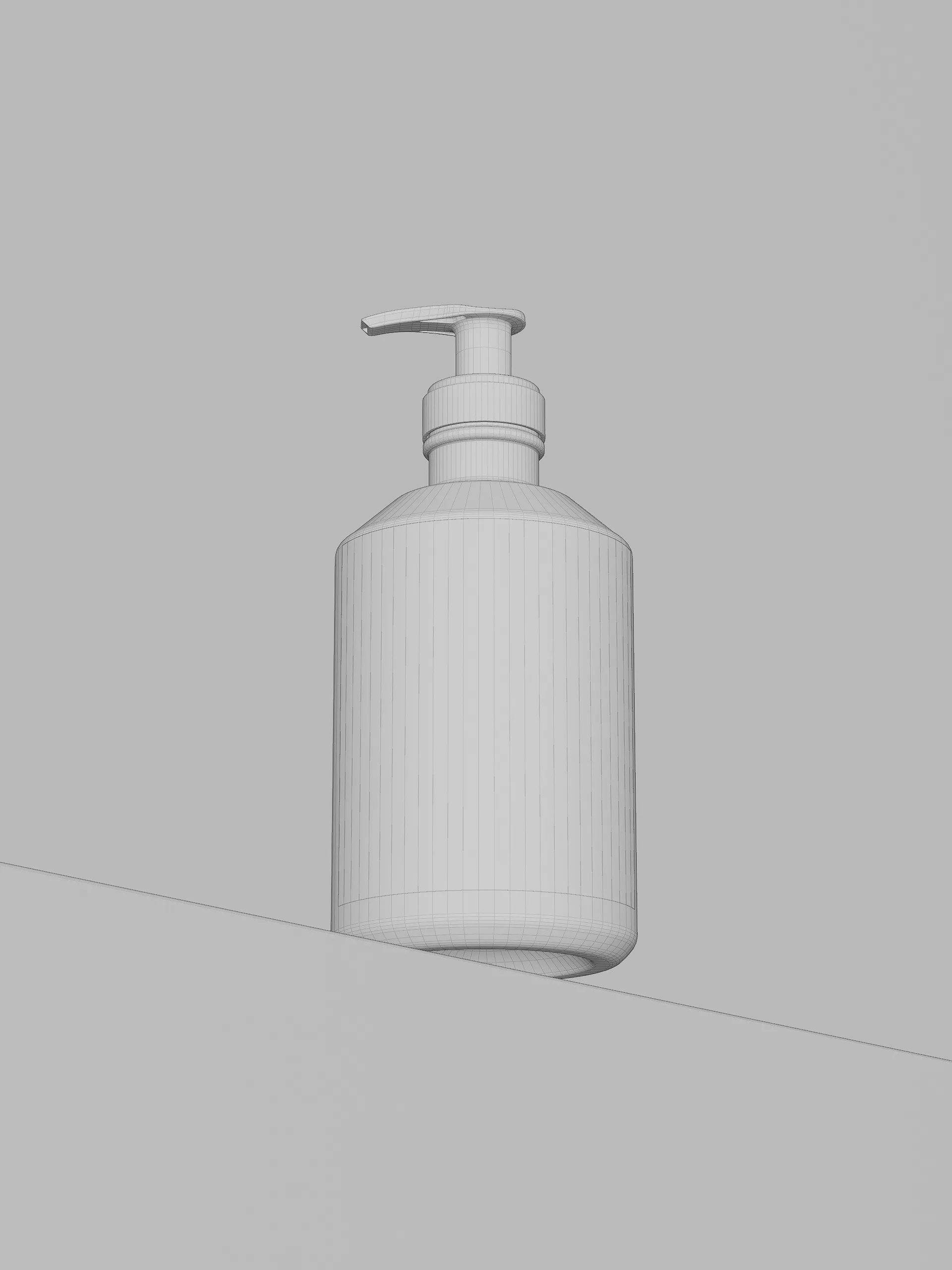 CGI wireframe render of an untextured pump soap bottle on a grey ledge, for Loewe.