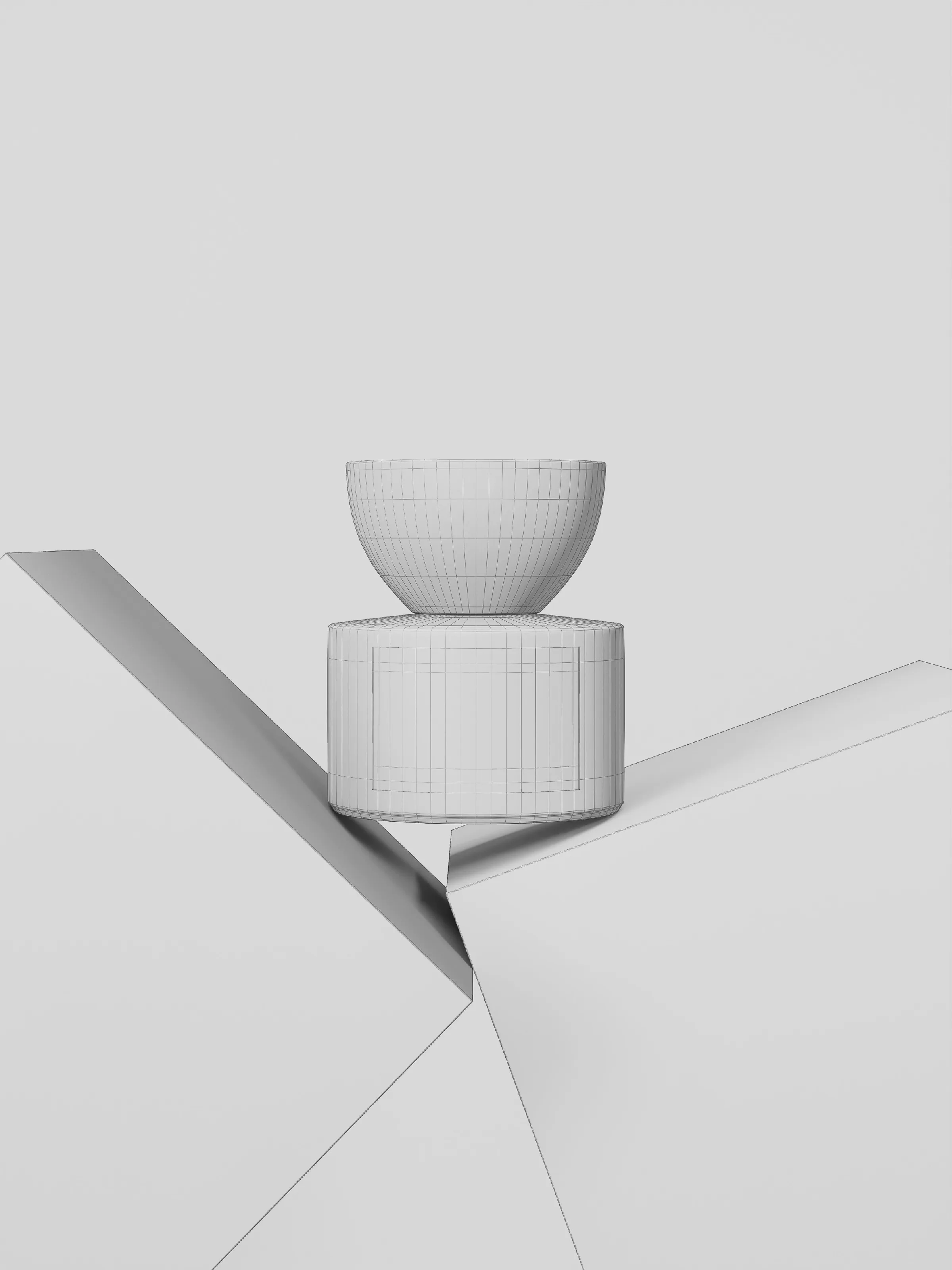 CGI wireframe render of a bowl-topped candle vessel balanced between angled white planes, for Maison d'Etto.