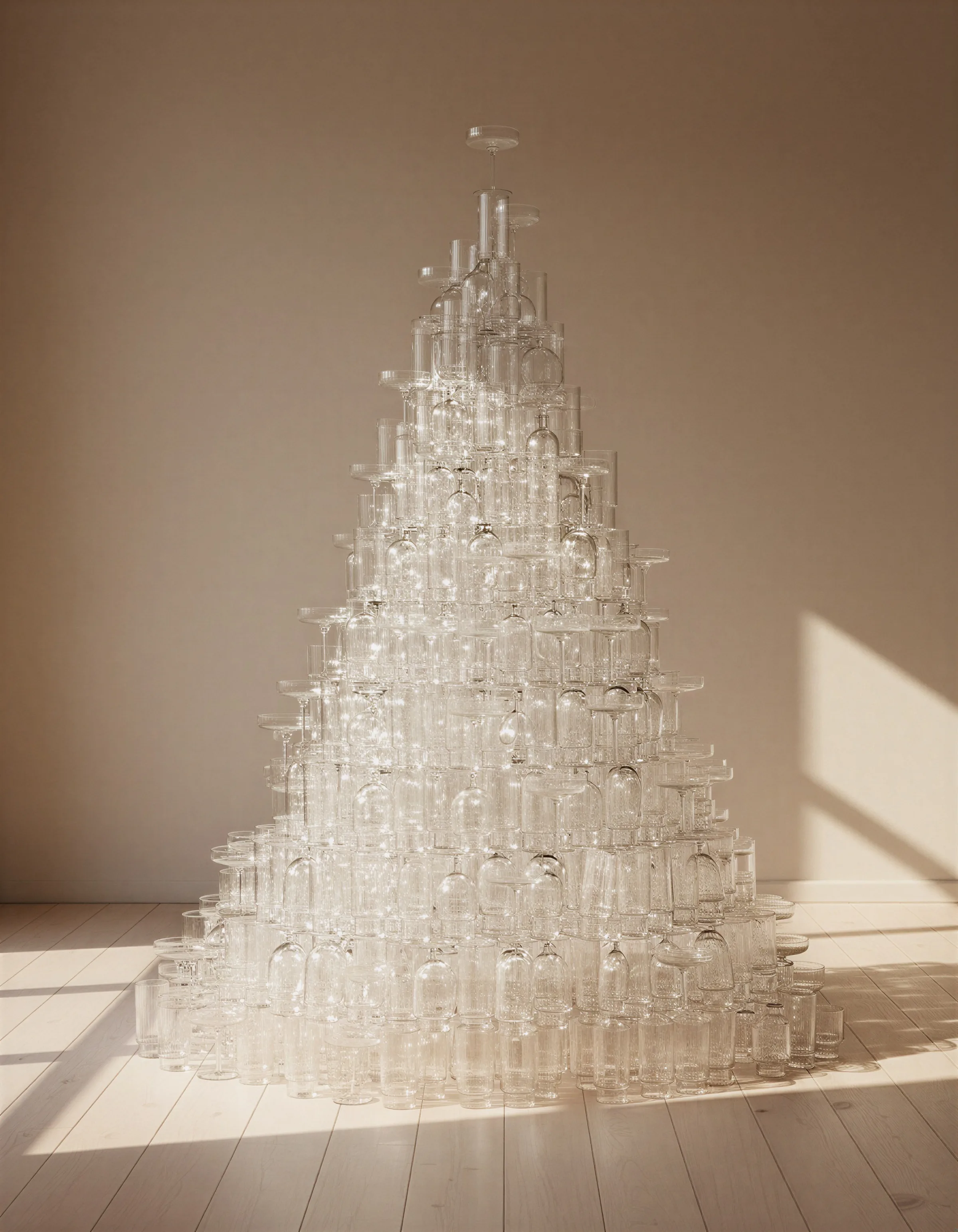 AI image of clear glassware stacked into a Christmas tree in a sunlit room with pale wood floors. Ferm Living AI Concept.
