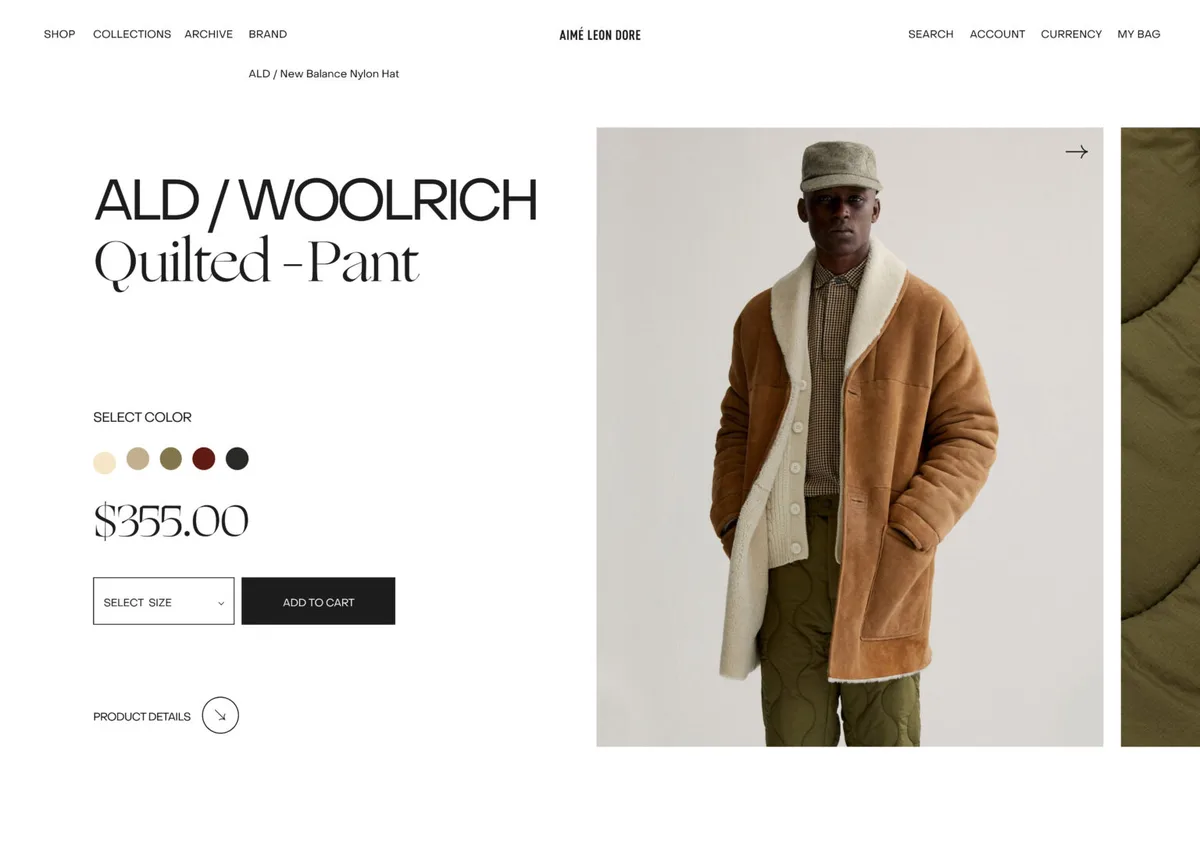 Product page for an ALD / Woolrich quilted pant, model in suede shearling coat, colour swatches and add to cart, for Aimé Leon Dore.