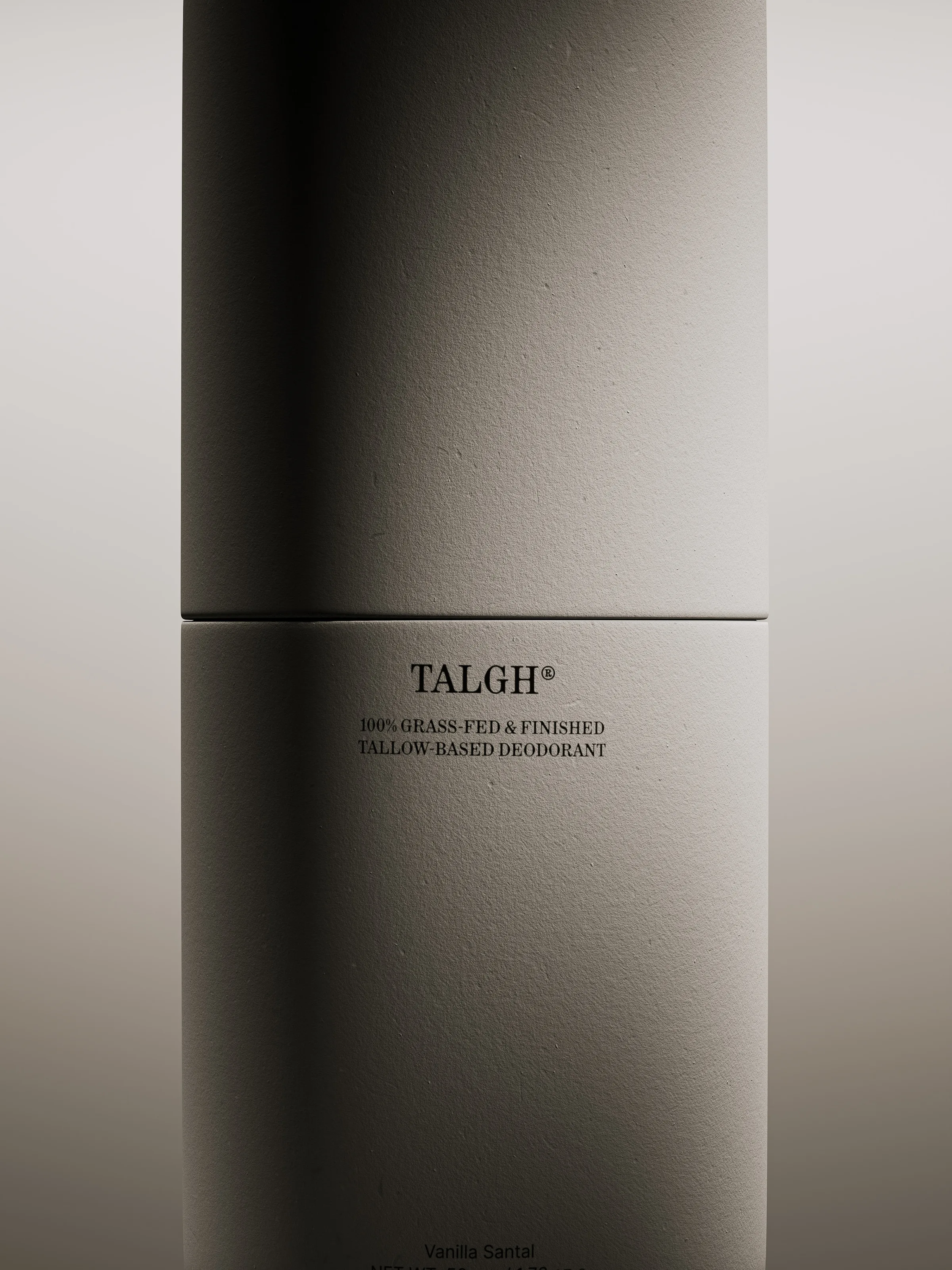 CGI render of a textured grey tallow deodorant tube with black serif label on a soft grey backdrop, for Talgh.