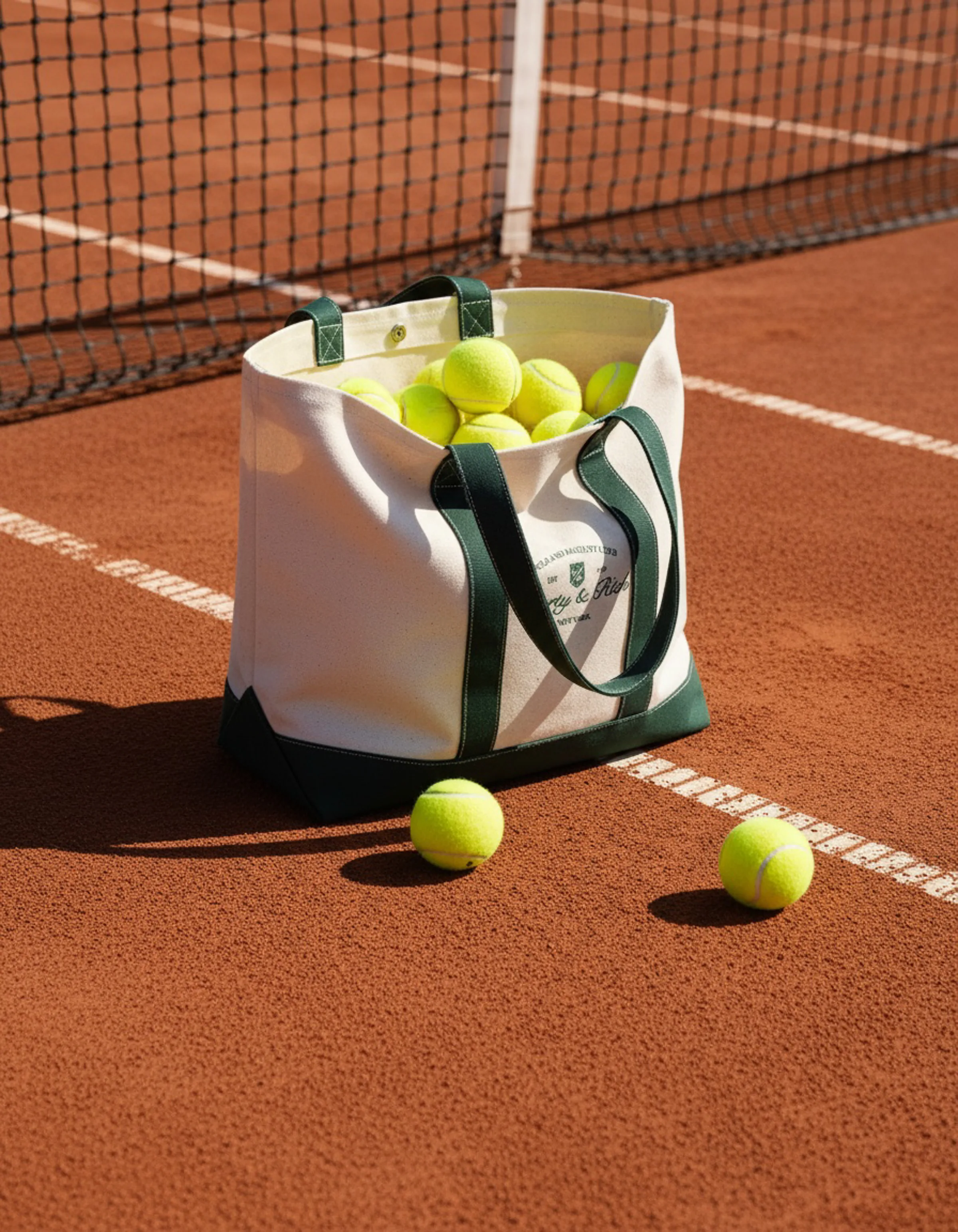AI image of a cream canvas tote with green straps full of tennis balls on a clay court by the net. Sporty & Rich AI Concept.