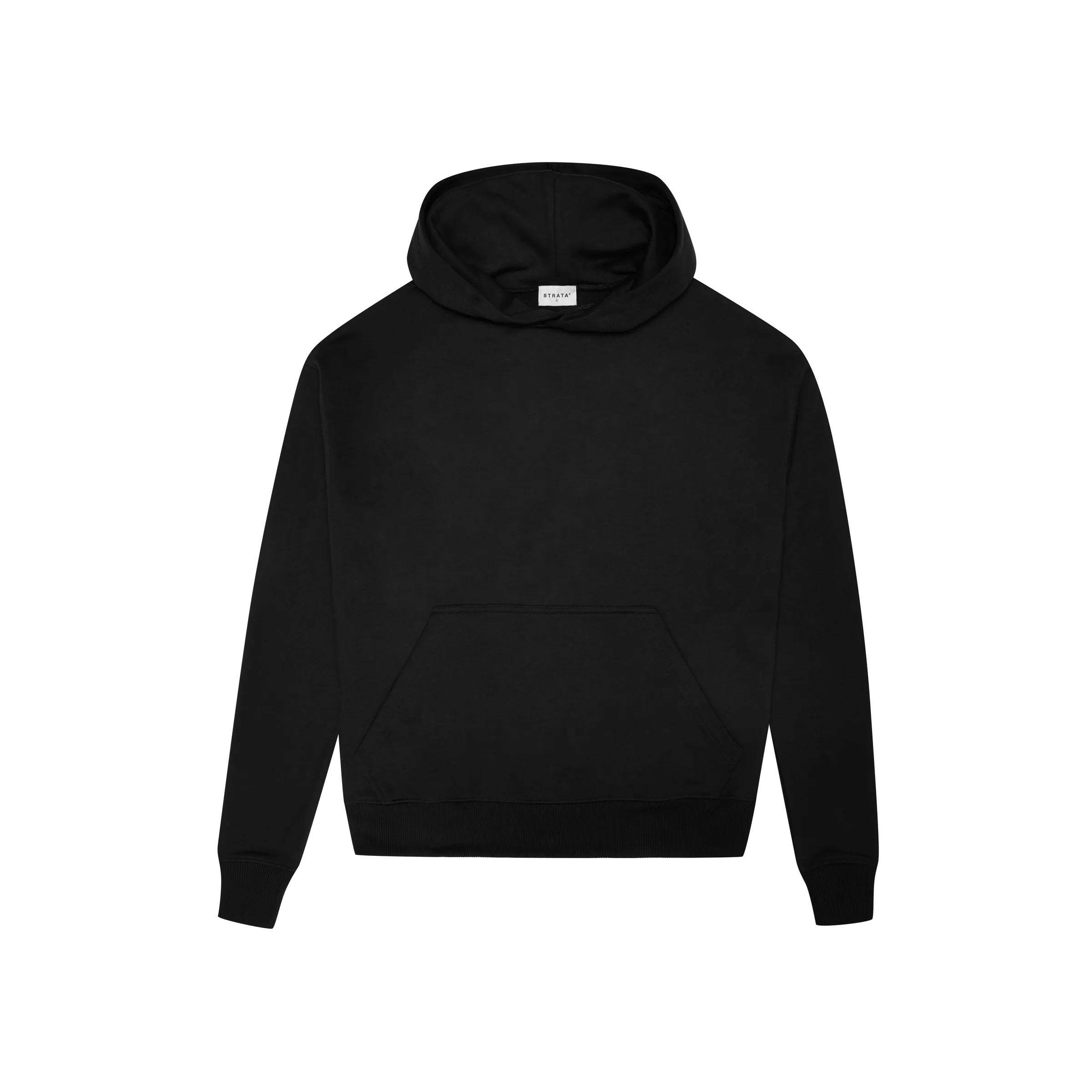 Black pullover hoodie with kangaroo pocket, laid flat on a white background, for Strata.