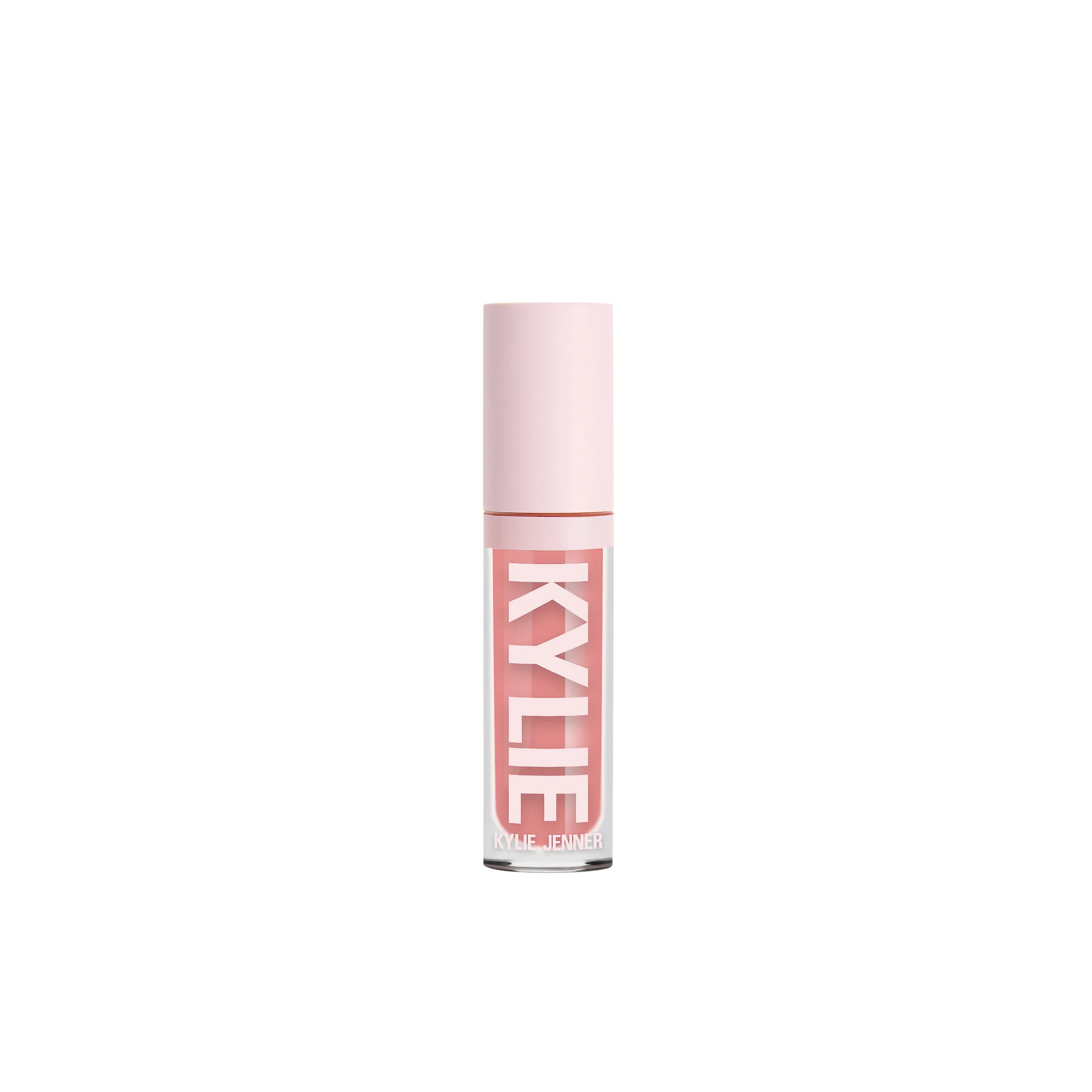 Pink lip gloss tube with pale pink cap and white KYLIE lettering on a white background, for Kylie Cosmetics.
