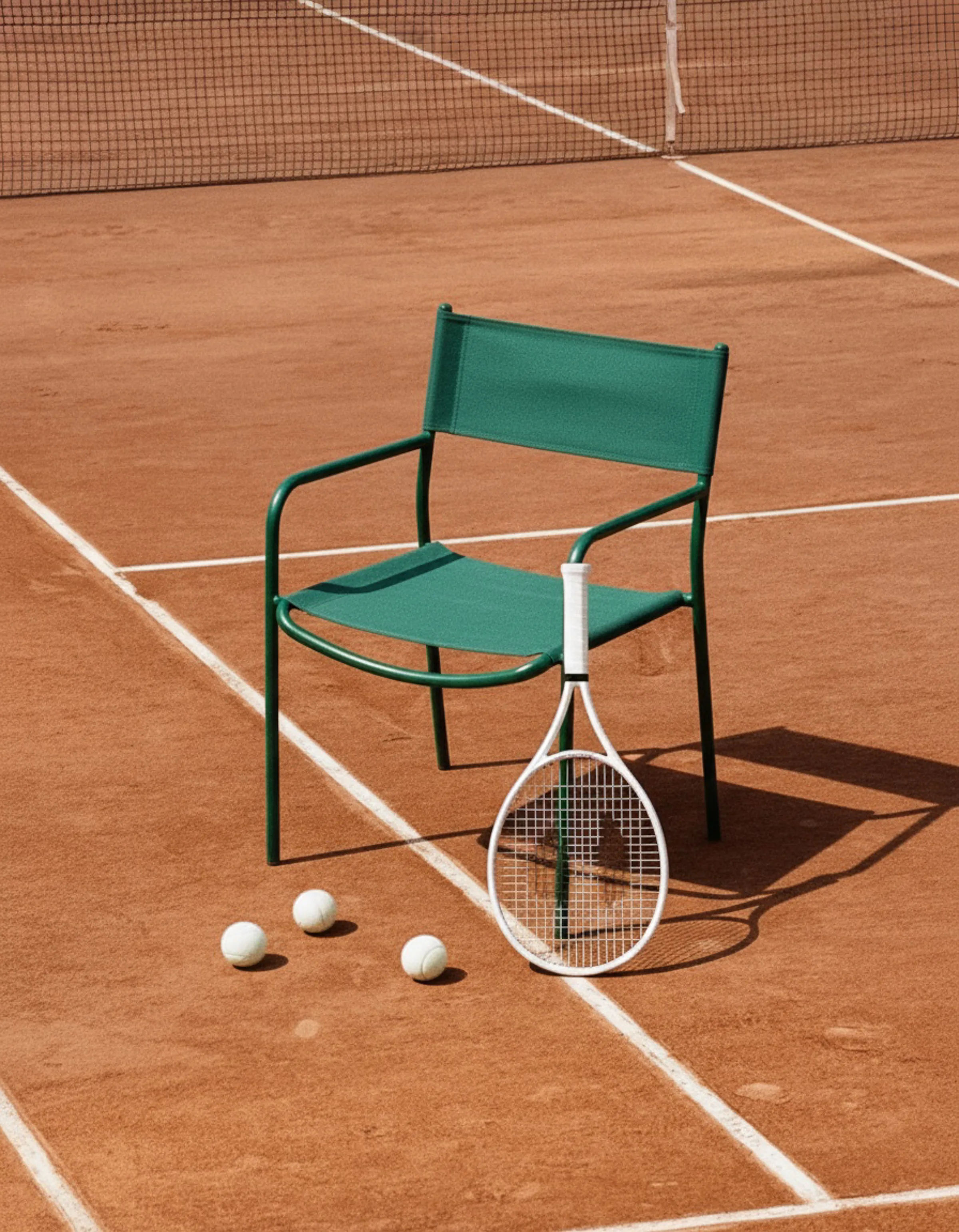 AI image of a green chair on a clay tennis court with a white racket and three tennis balls. Sporty & Rich AI Concept.