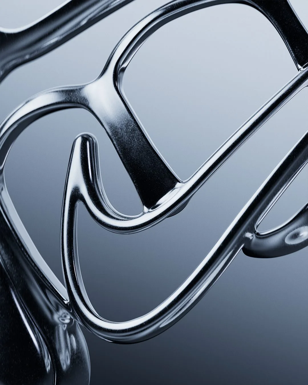 CGI render of glossy chrome grille shapes curving into a swoosh against a cool grey gradient, for Nike.