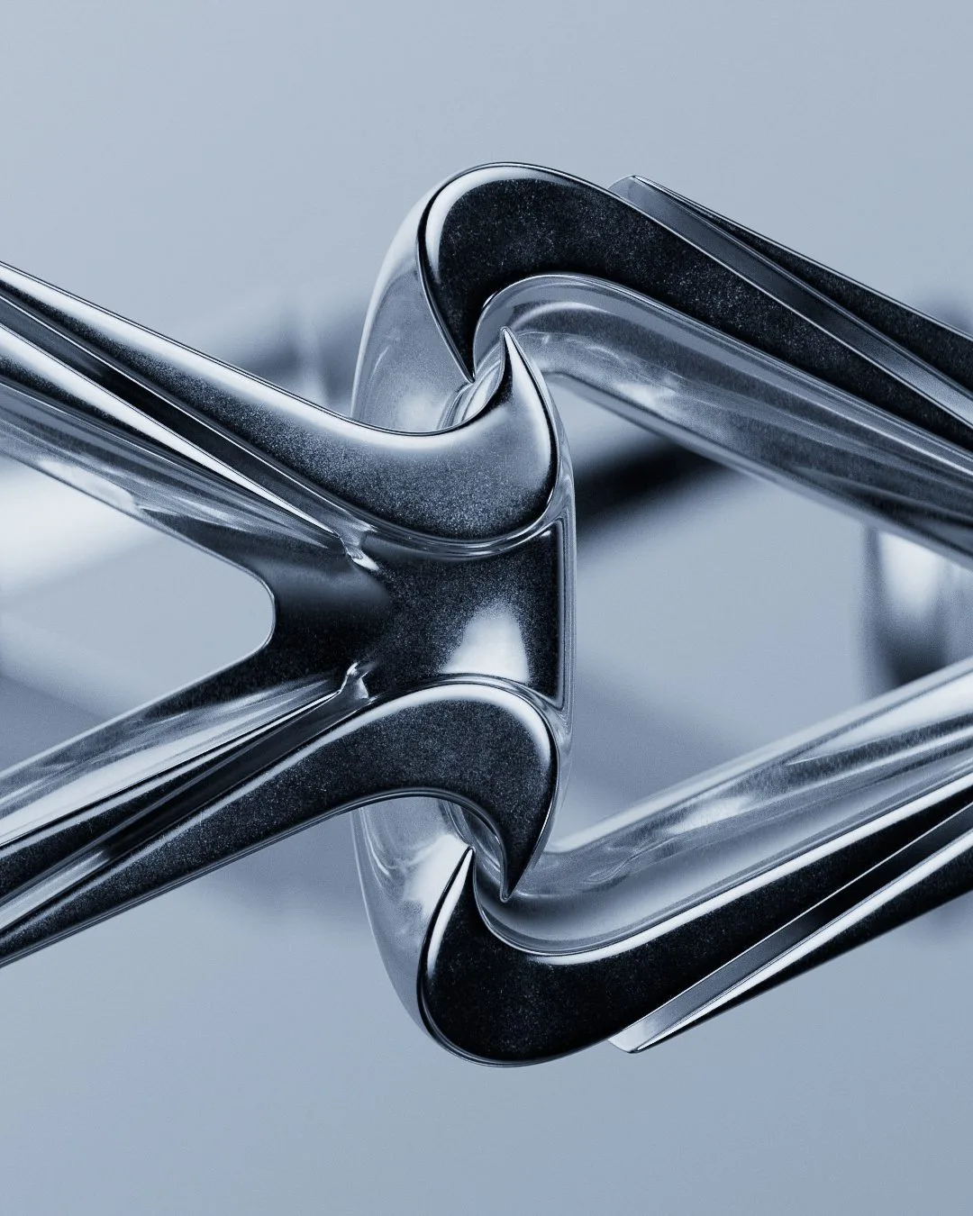 CGI render of interlocking chrome wristband links in close-up against a pale blue-grey background, for Nike.