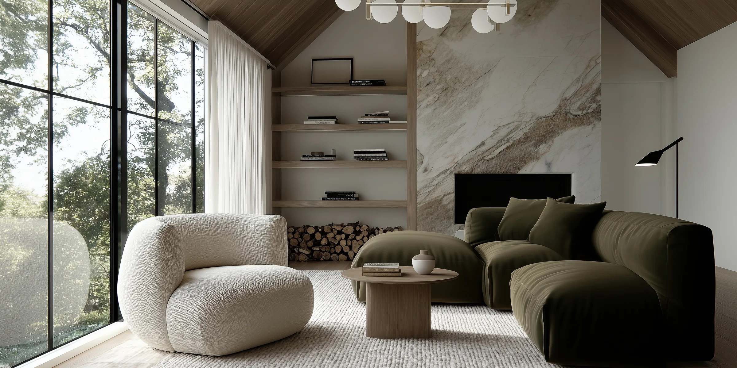AI image of a living room with olive velvet sofa, cream armchair, marble wall and sheer curtains. The Shade Store AI Concept.