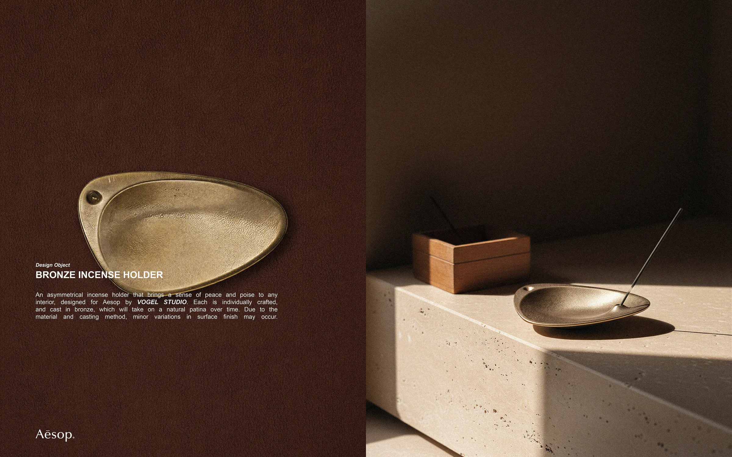 AI image of a bronze incense holder with a lit stick on a travertine block beside a wooden box, in warm sunlight. Aesop AI Concept.