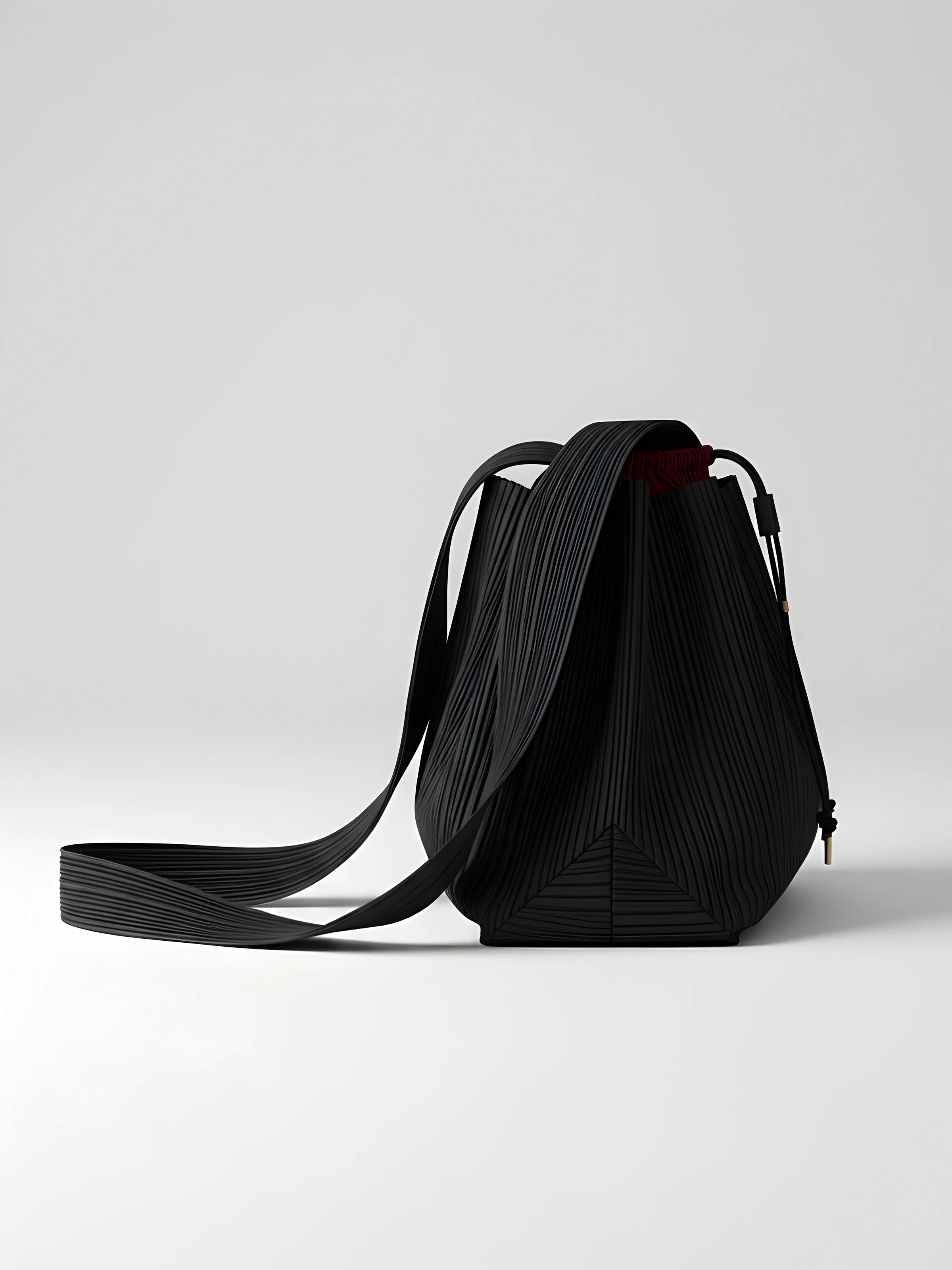 AI image of a black pleated crossbody bag with a long ribbed strap on a pale grey backdrop. Issey Miyake AI Concept.