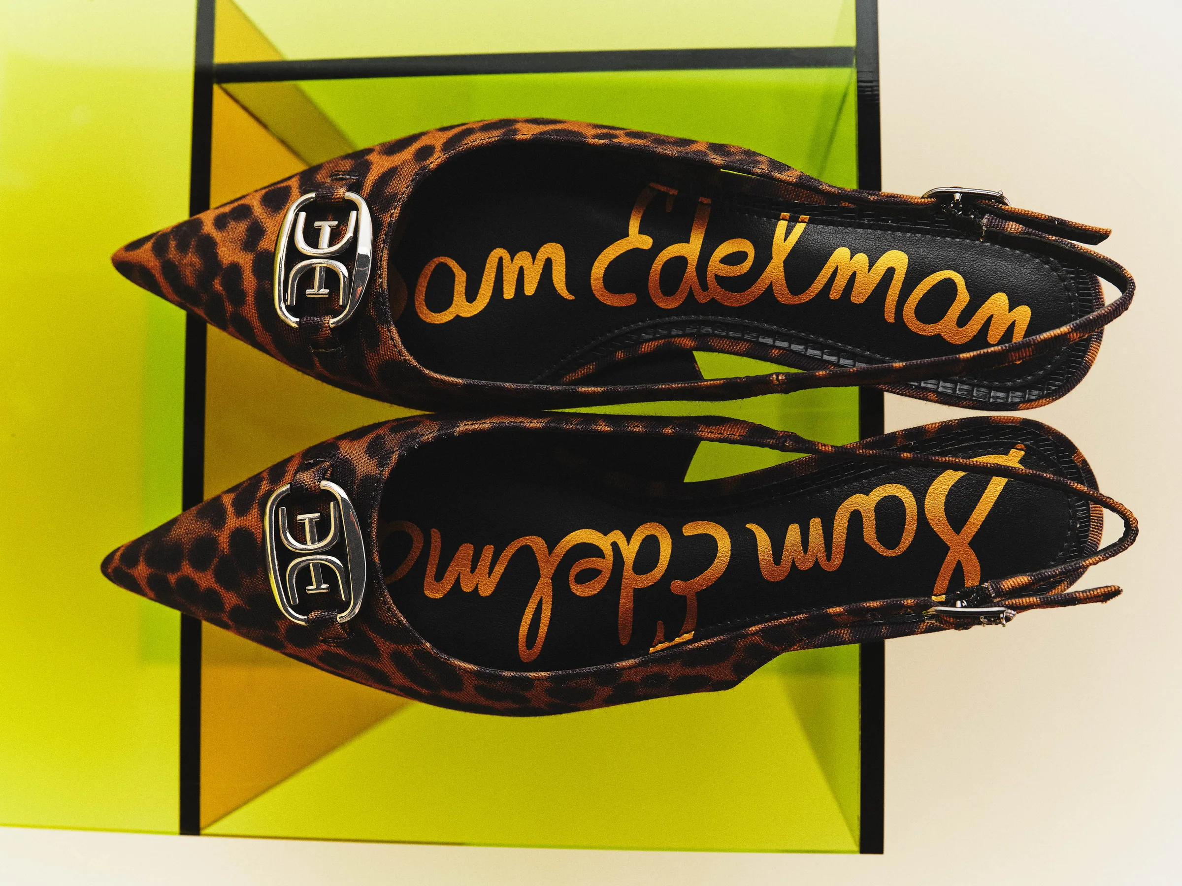 Leopard print pointed slingbacks with silver buckle hardware on a lime green acrylic block, viewed from above, for Sam Edelman.