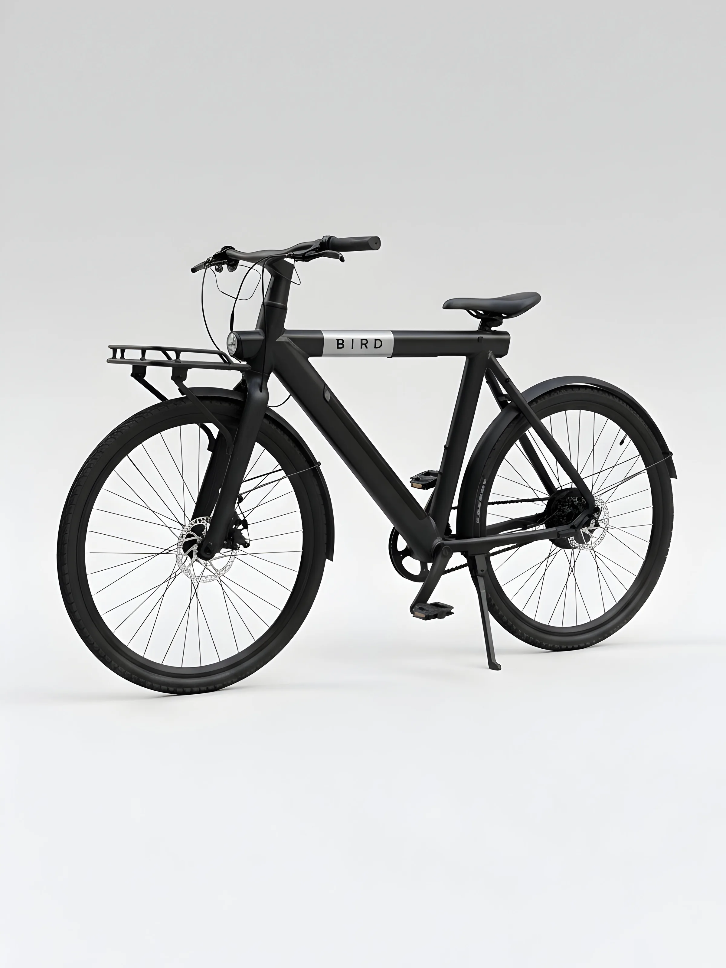 AI image of a matte black electric bike with front rack and disc brakes on a pale grey backdrop. Bird AI Concept.