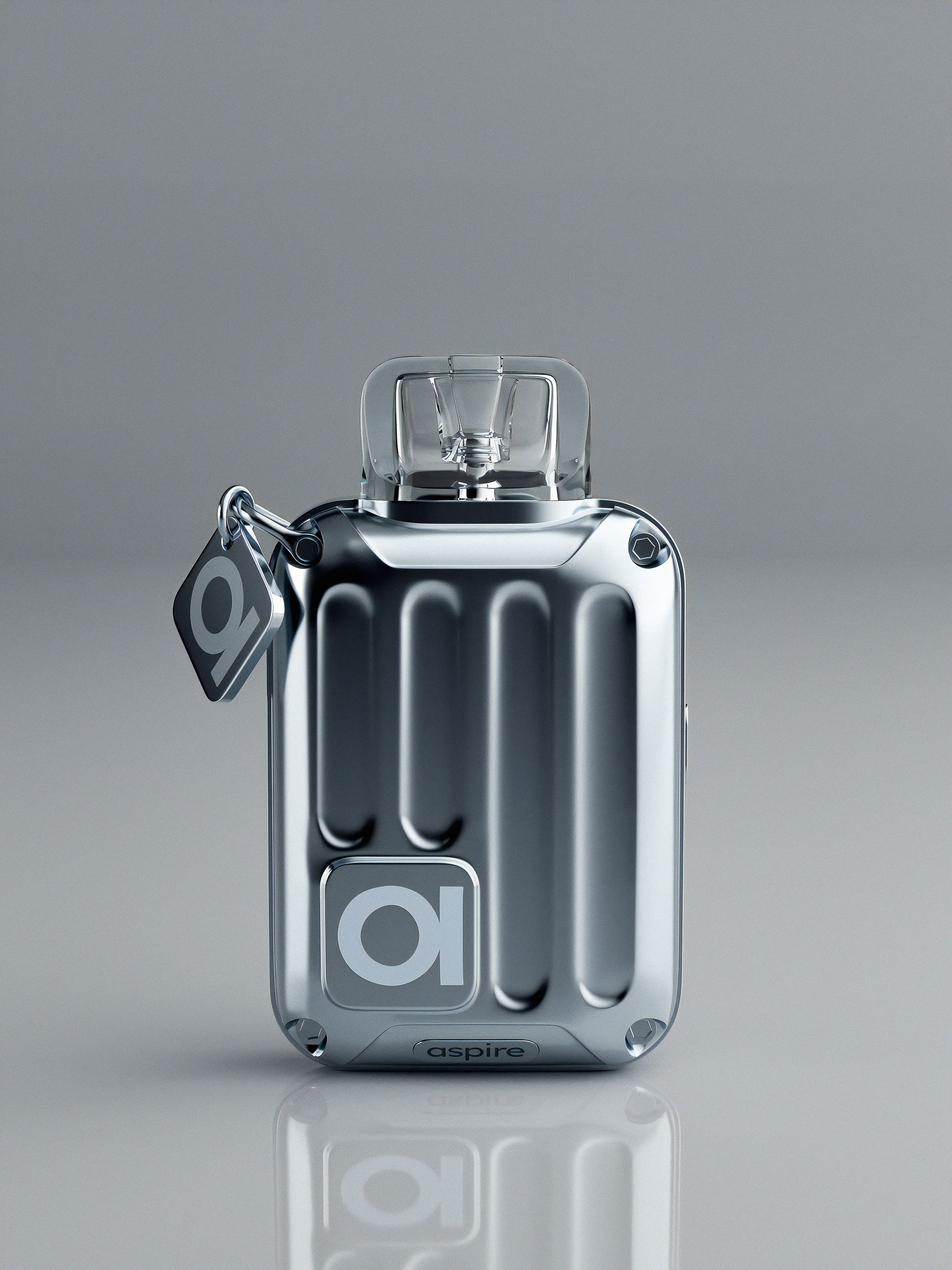 CGI render of a chrome ribbed Aspire vape pod device with clear mouthpiece and logo charm on grey, for Aspire.
