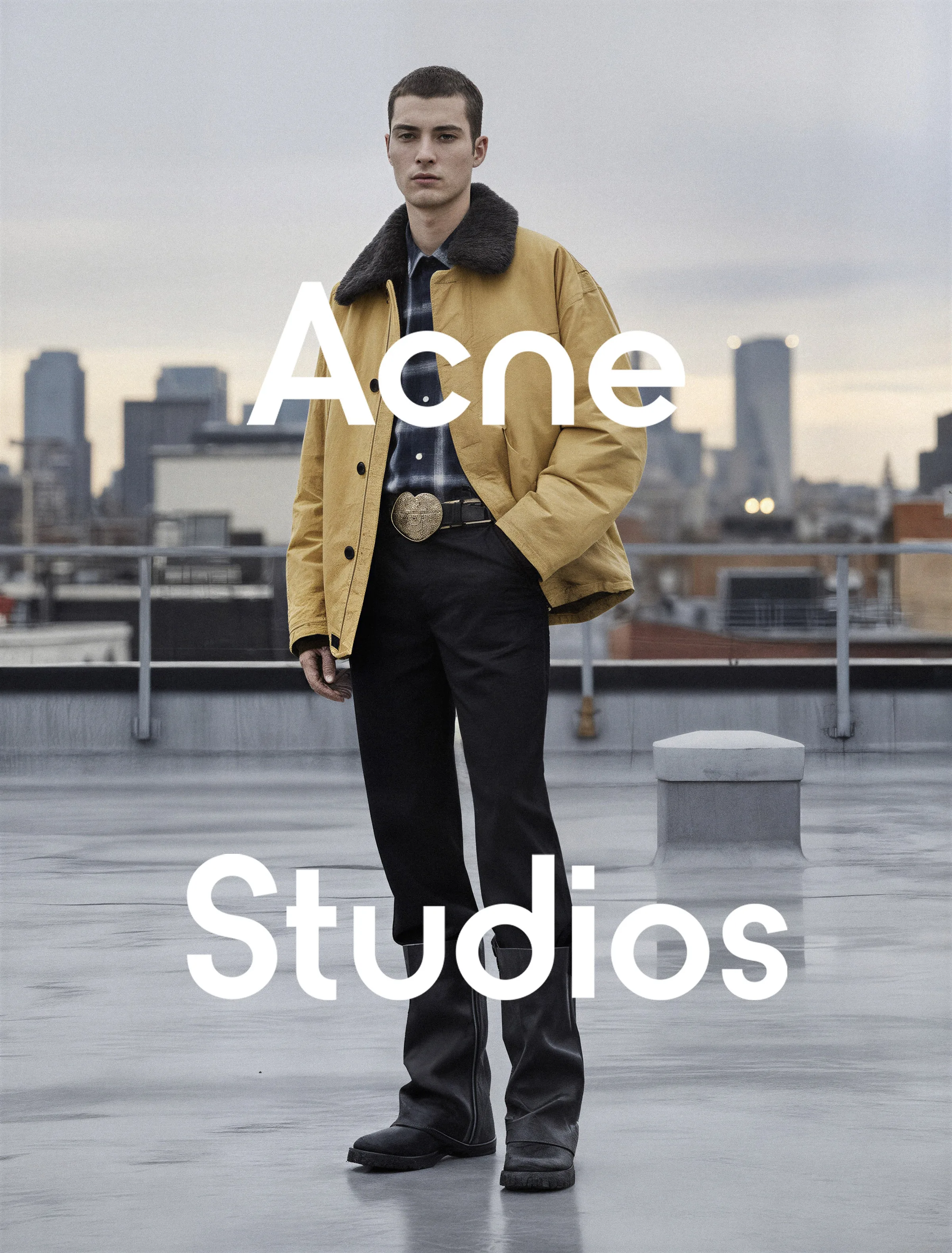 AI image of a model in a mustard shearling-collar jacket and black flared trousers on a city rooftop. Acne Studios AI Concept.
