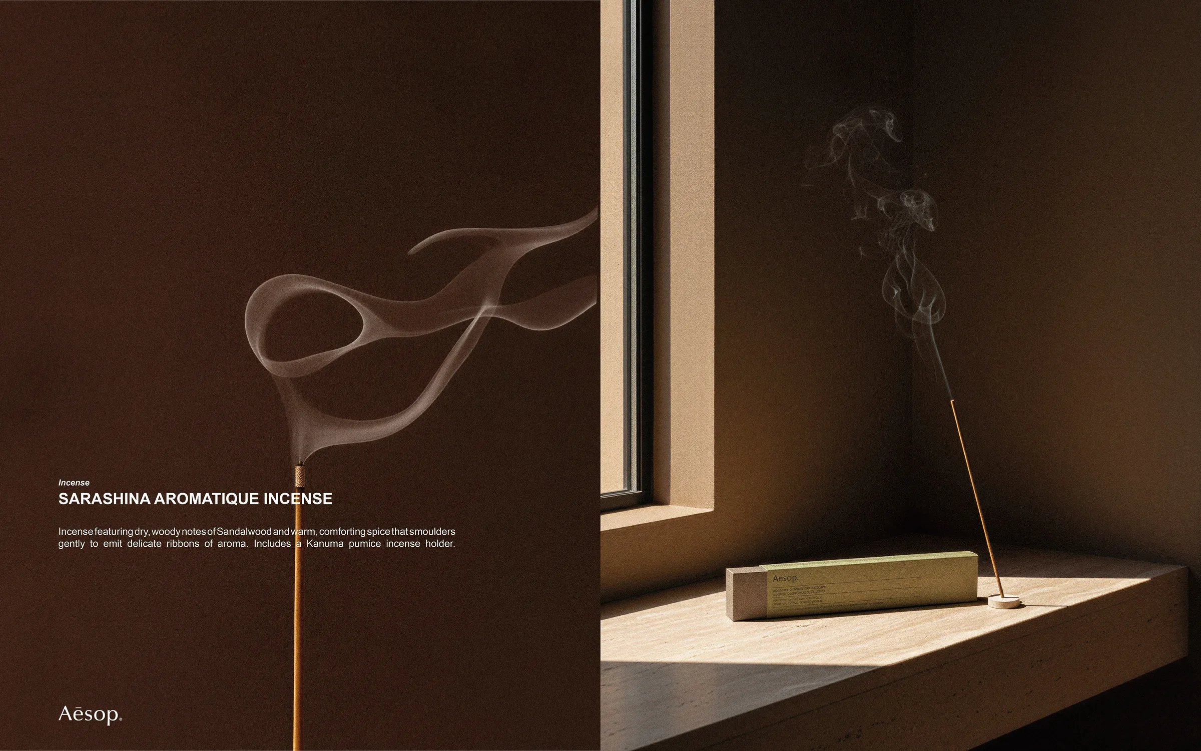 AI image of a smoking incense stick beside its box on a sunlit wooden windowsill, with a brown product text panel. Aesop AI Concept.