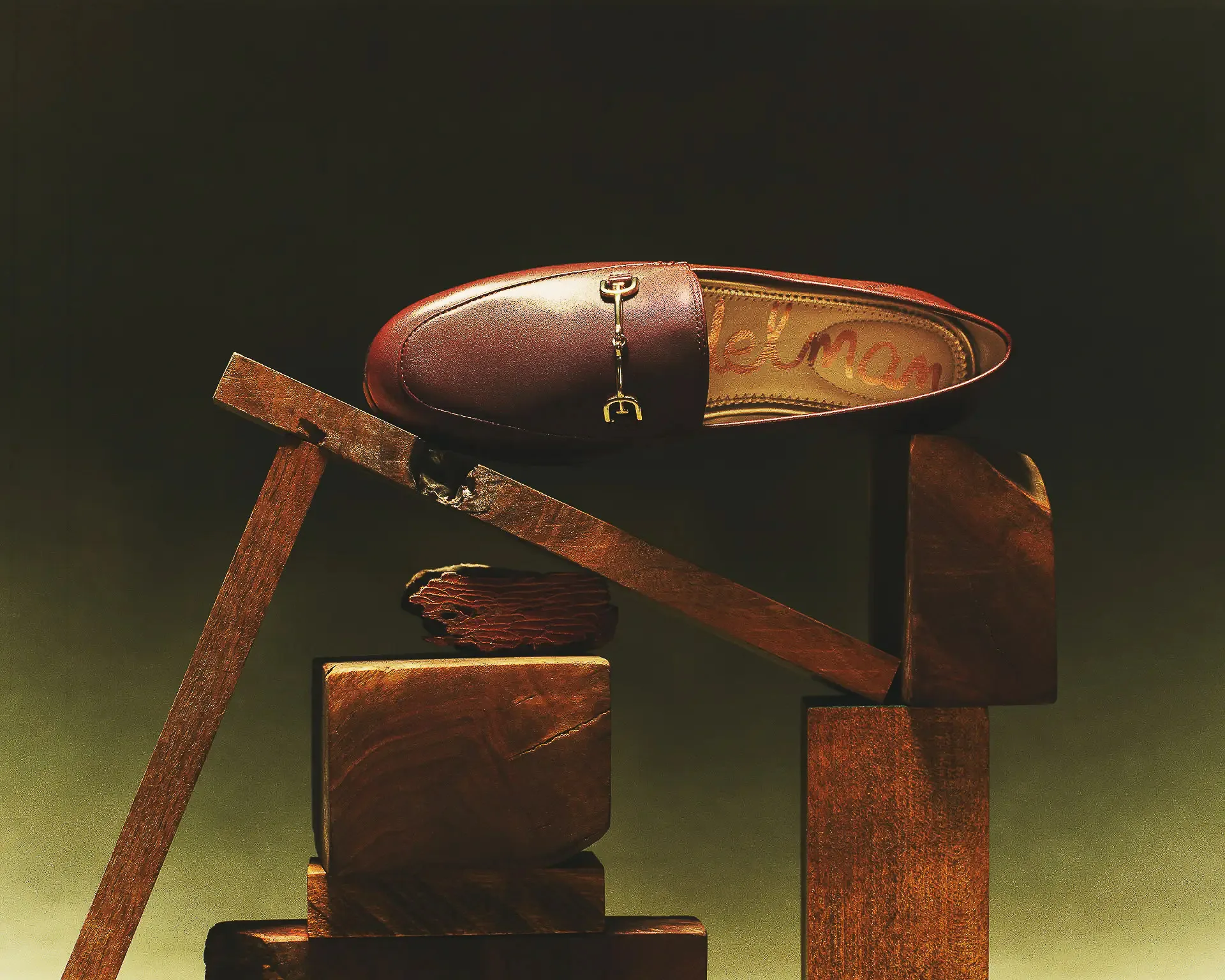 Brown leather loafer with gold horsebit balanced on stacked wooden blocks against a dark green backdrop, for Sam Edelman.