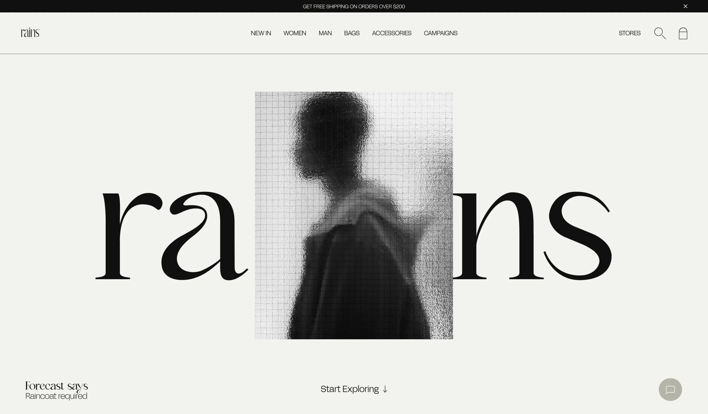 Website homepage with large serif wordmark split by a blurred figure behind frosted glass, for Rains.