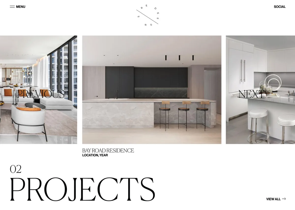 Website projects carousel showing a kitchen with marble island and bar stools, Bay Road Residence, for Sire Design.