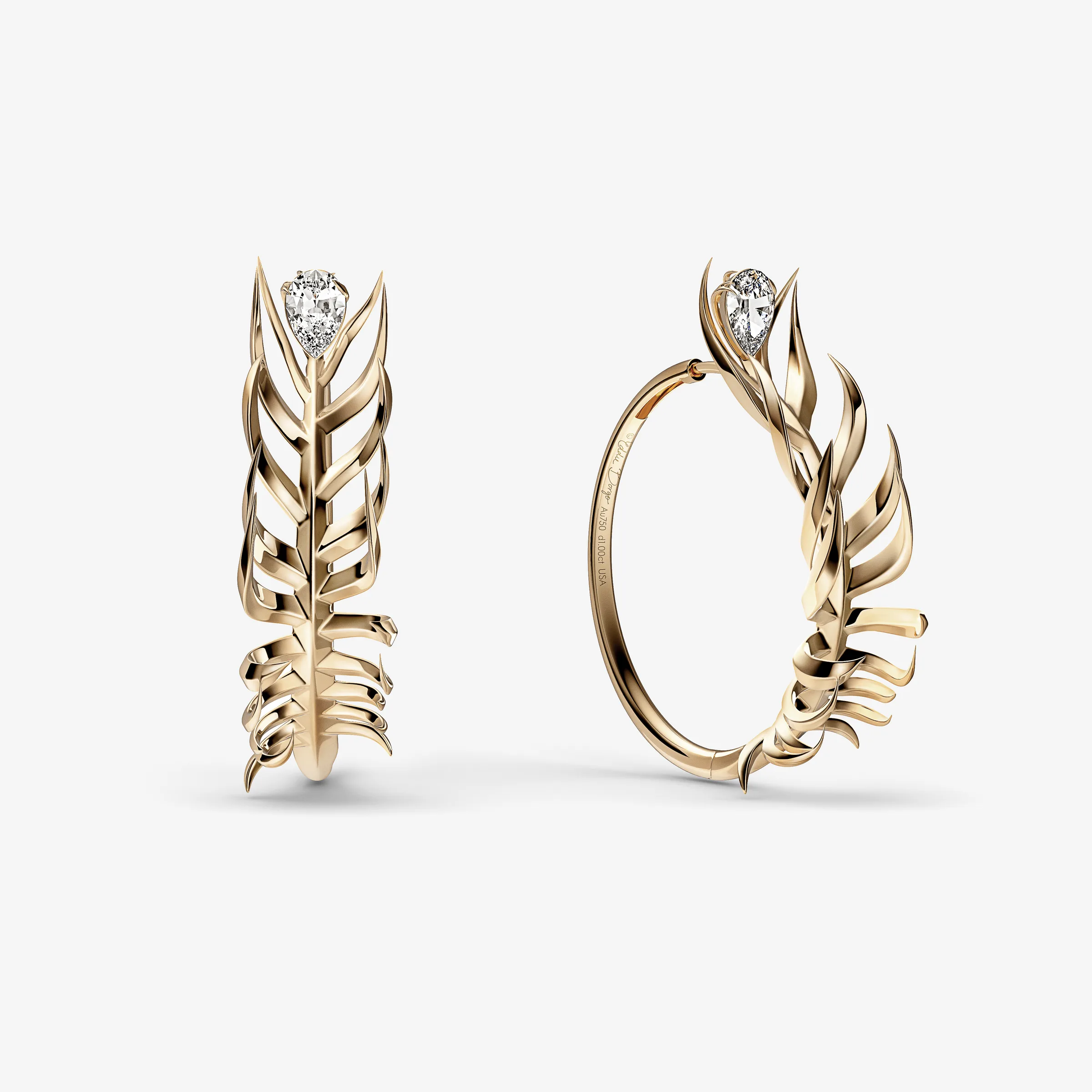 CGI render of gold feather hoop earrings with pear-cut diamonds, shown front and side on light grey, for Eddie Borgo.