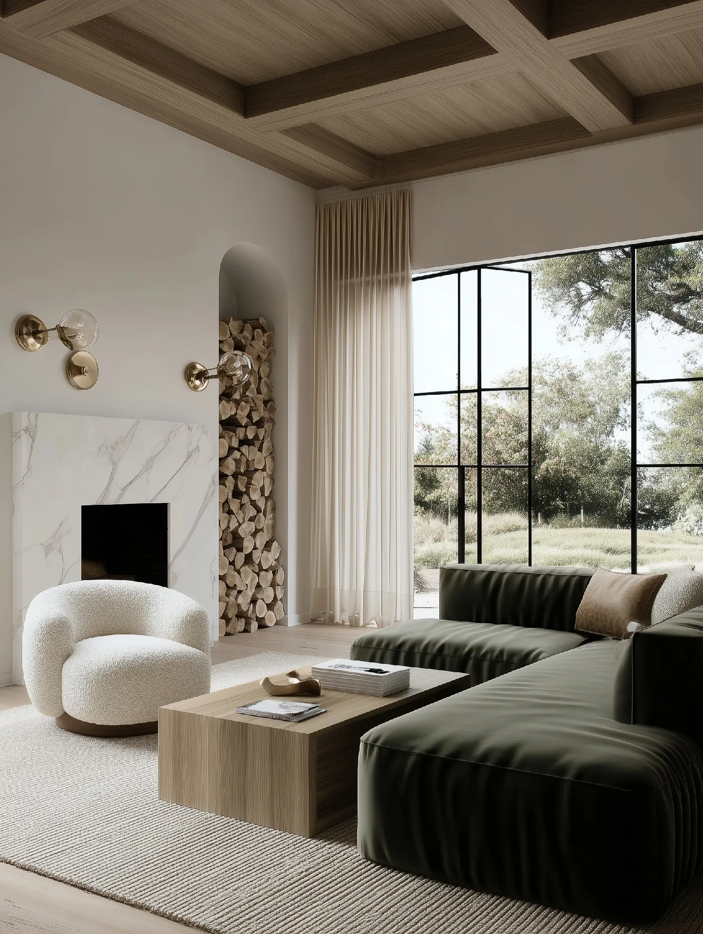 AI image of a living room with sheer linen drapes, green velvet sectional, marble fireplace and steel windows. The Shade Store AI Concept.