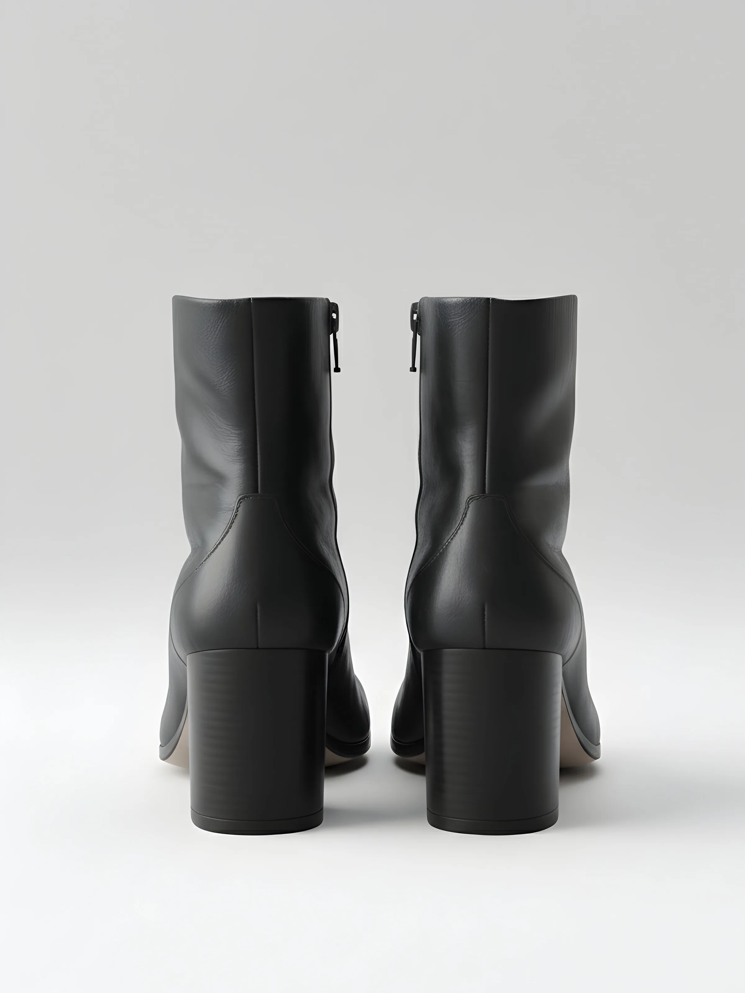 AI image of black leather ankle boots with block heels and side zips, seen from behind on a grey backdrop. Maison Margiela AI Concept.