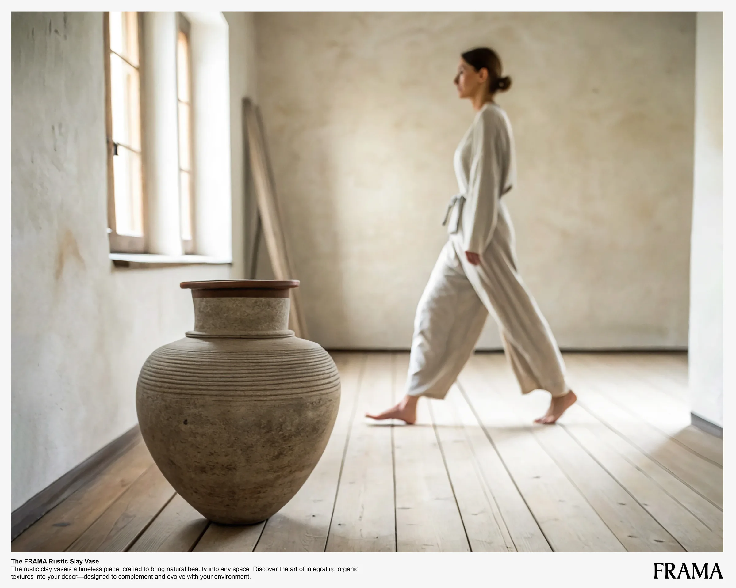 AI image of a ribbed rustic clay vase in a sunlit room as a barefoot woman in linen walks past. FRAMA AI Concept.