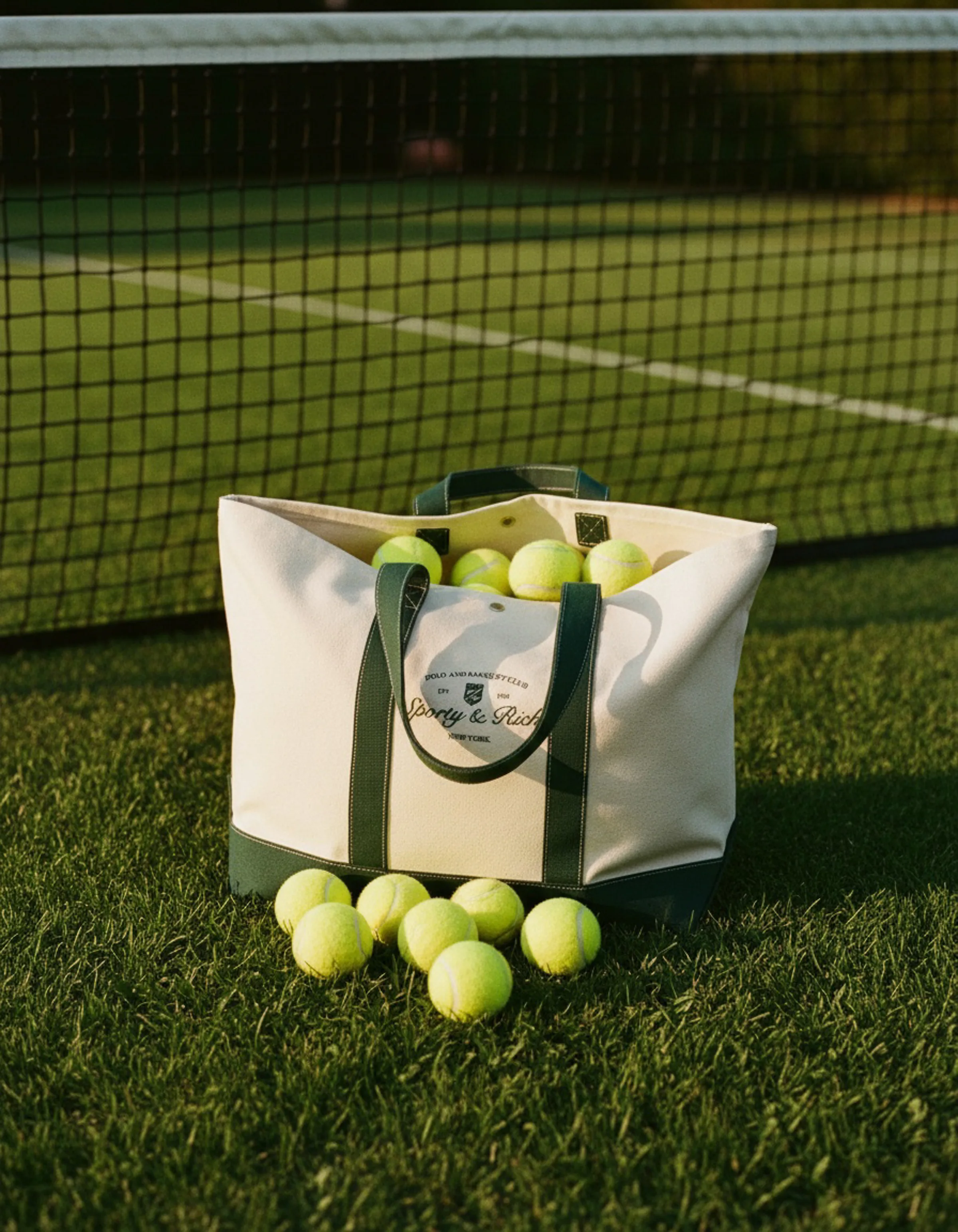 AI image of a cream canvas tote with green straps full of tennis balls on a grass court by the net. Sporty & Rich AI Concept.