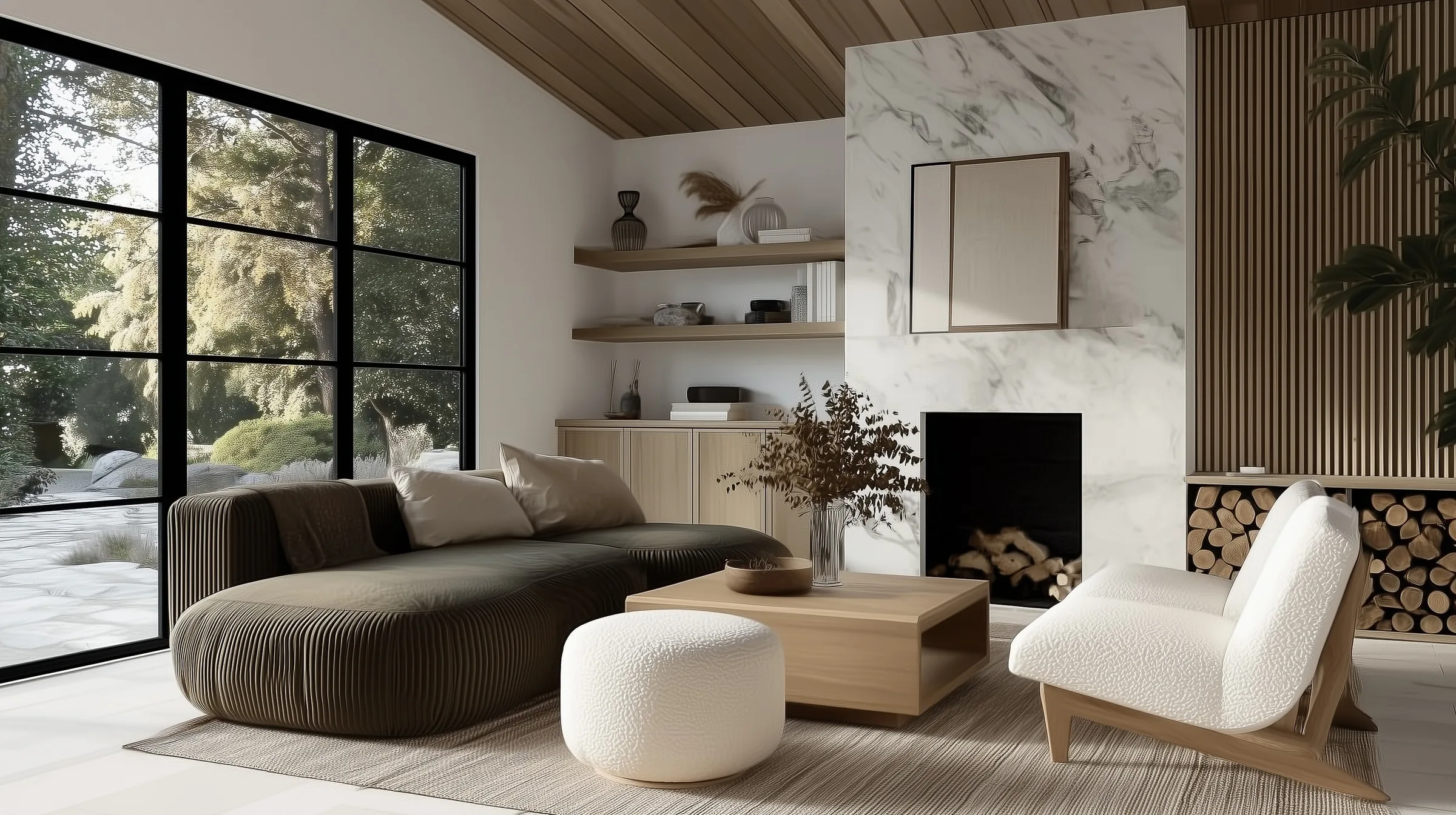AI image of a living room with marble fireplace, ribbed olive sofa, boucle chair and black-framed windows. The Shade Store AI Concept.