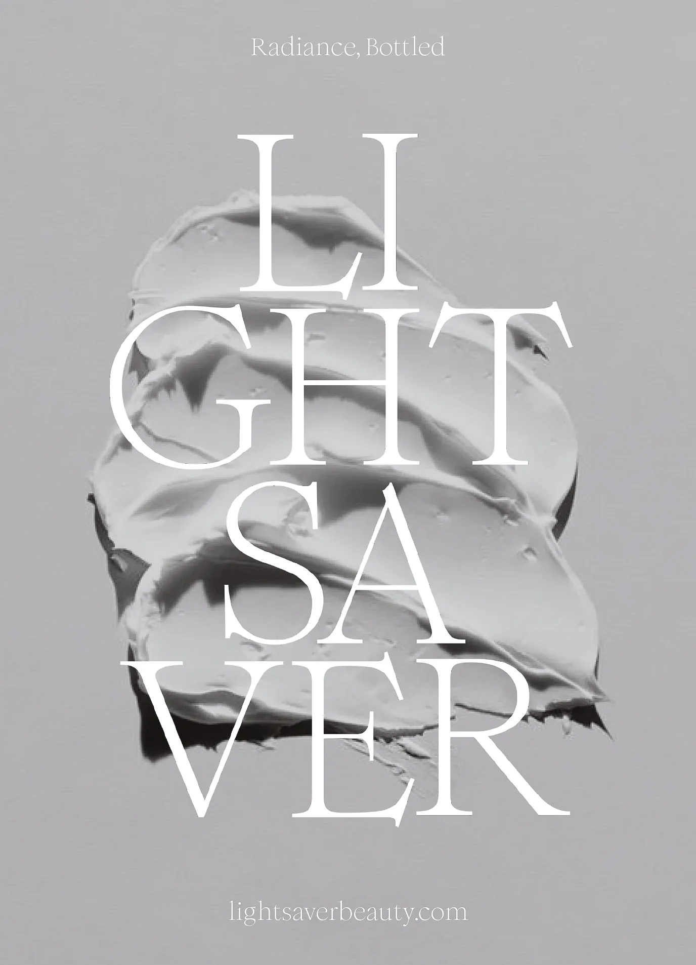 Poster with large white serif Lightsaver lettering over a smeared cream swatch on grey, for Lightsaver.
