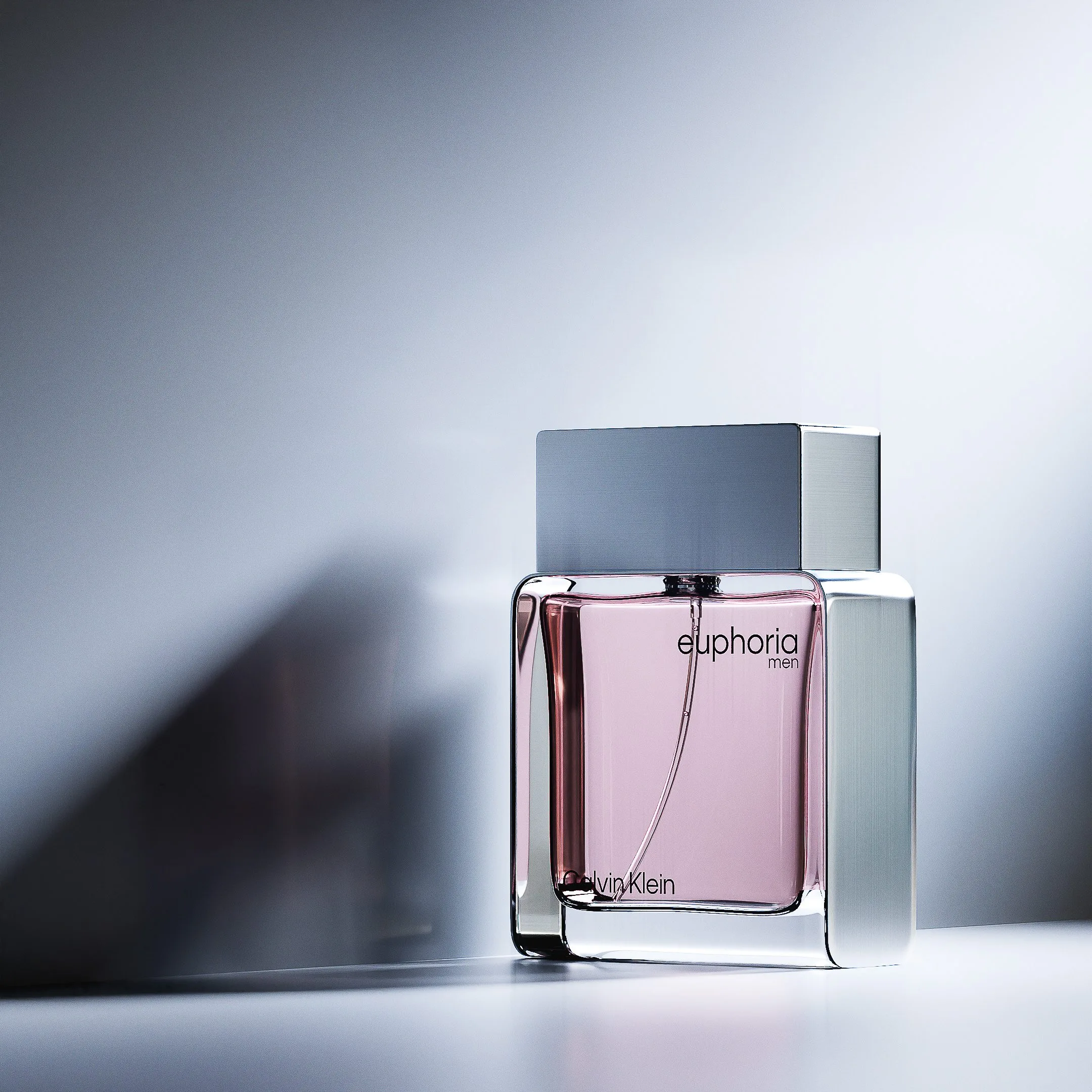 CGI render of a Euphoria Men fragrance bottle with pink liquid and silver cap on a pale grey surface, for Calvin Klein.