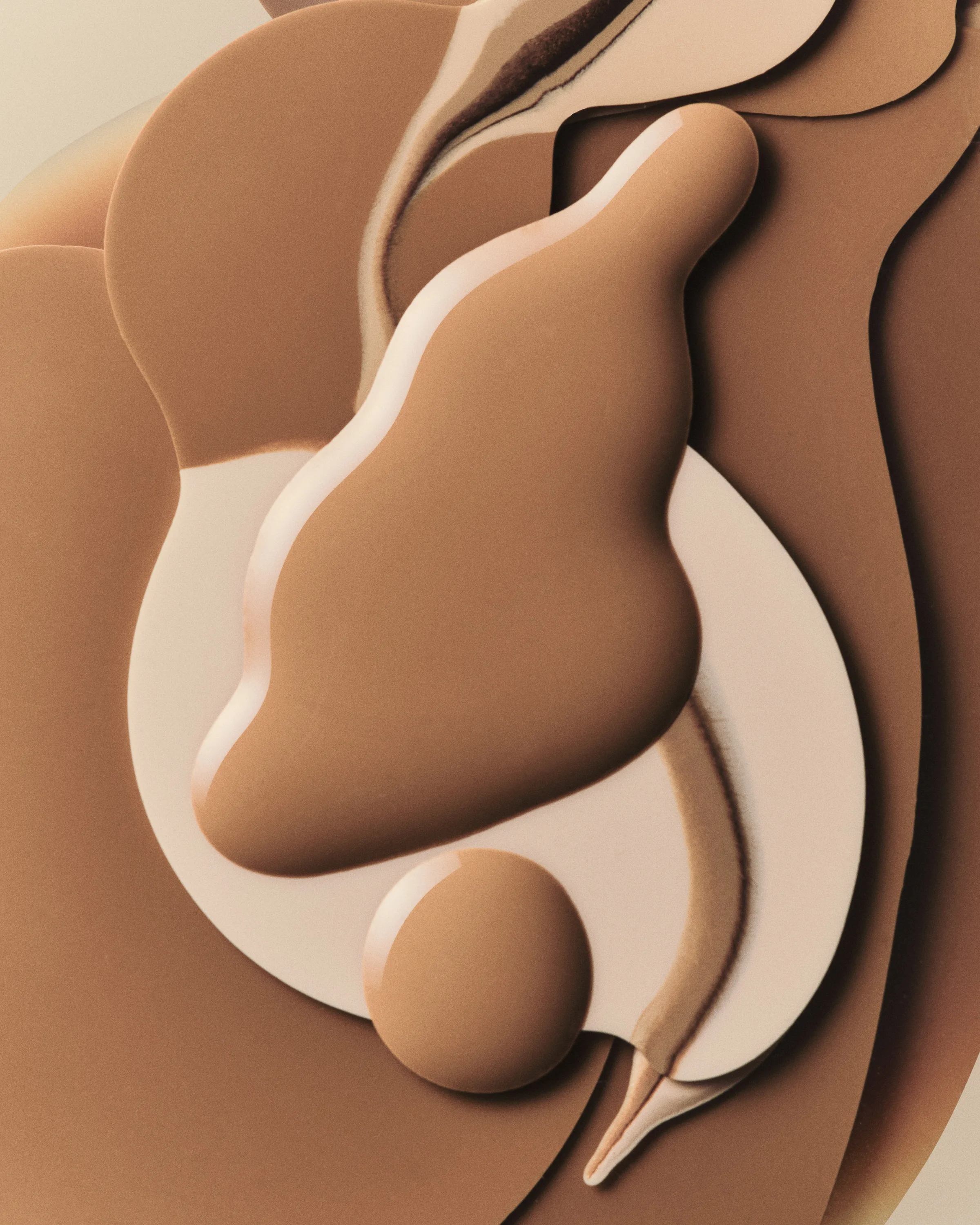 Layered swatches of tan and beige liquid foundation forming smooth sculptural shapes, for Kylie Cosmetics.