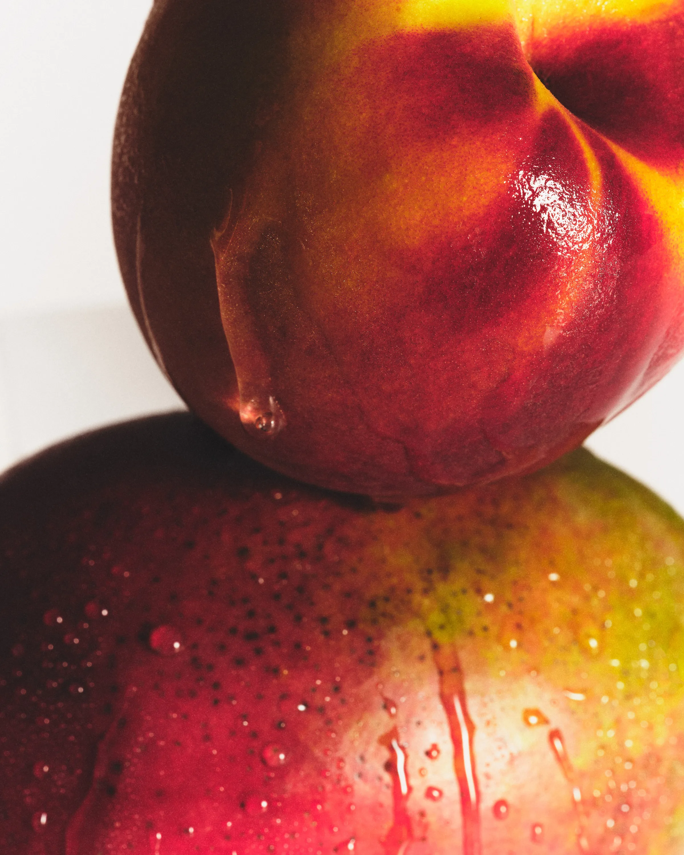 Close-up of two stacked red and yellow nectarines glistening with water droplets on a white background, for Kylie Cosmetics.