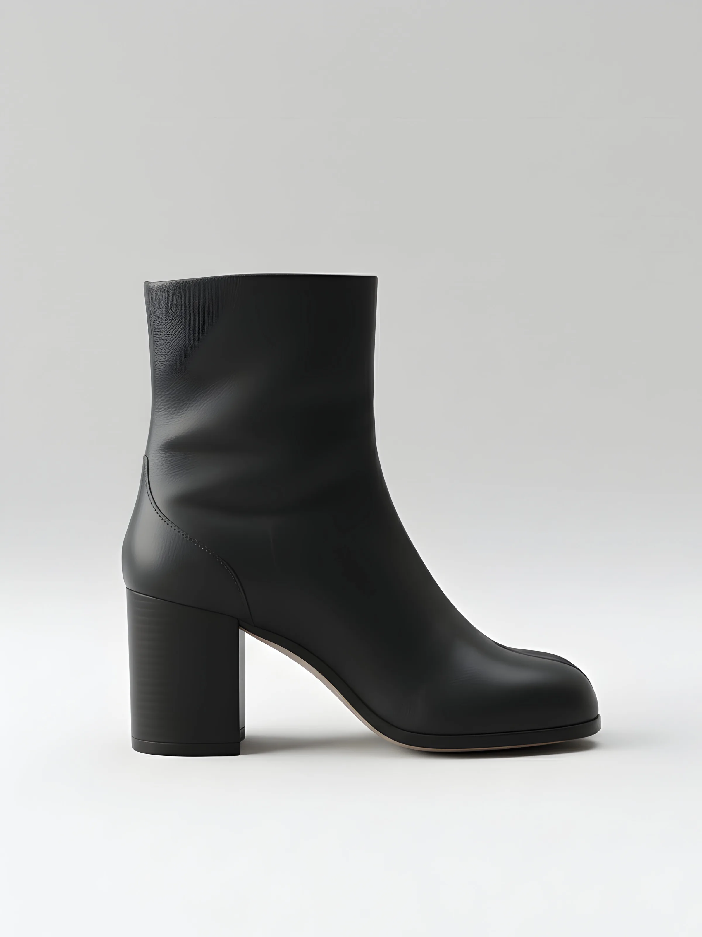 AI image of a black leather Tabi ankle boot with split toe and block heel on a light grey backdrop. Maison Margiela AI Concept.