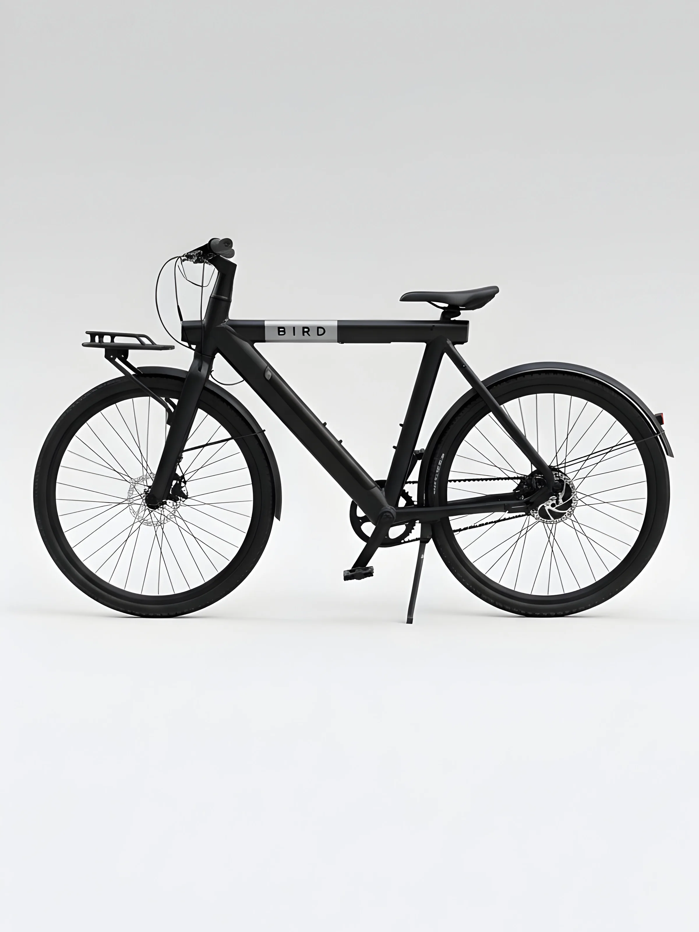 AI image of a matte black electric bike with front rack and kickstand on a light grey background. Bird AI Concept.
