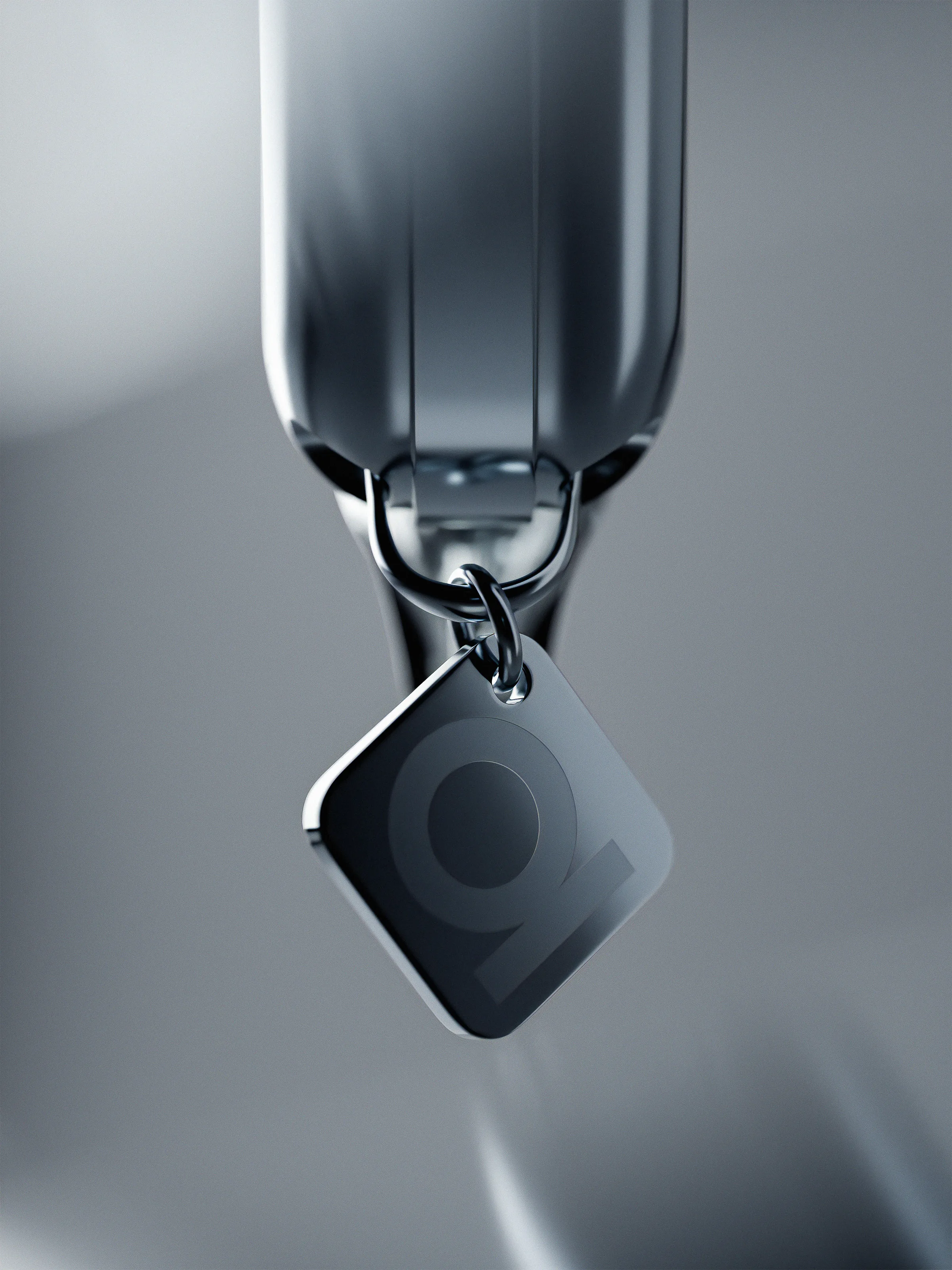 CGI render of a dark square tag with an embossed logo hanging from a chrome clasp on a grey backdrop, for Rill.