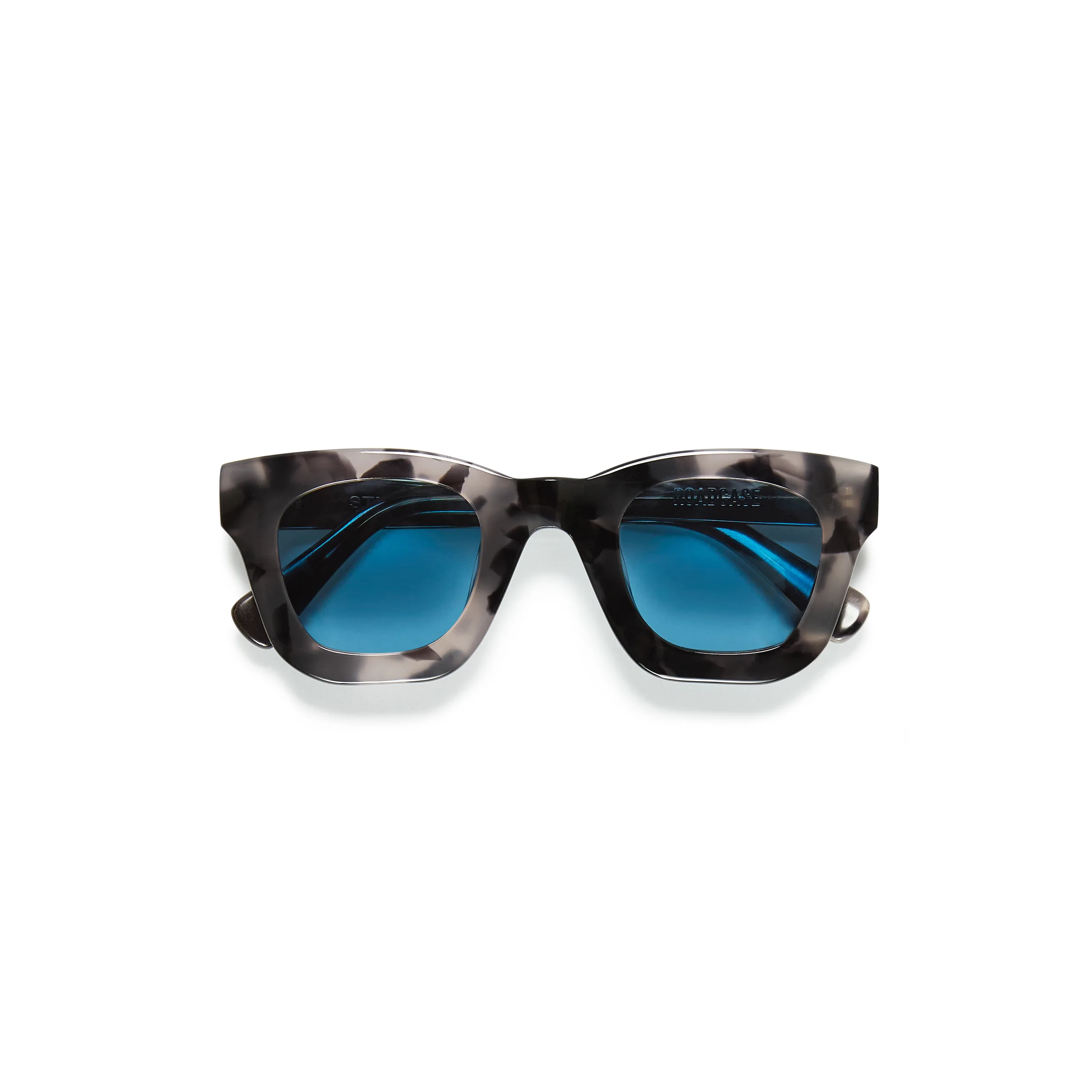 Grey tortoiseshell sunglasses with square frames and blue tinted lenses, folded on a white background, for Strata.