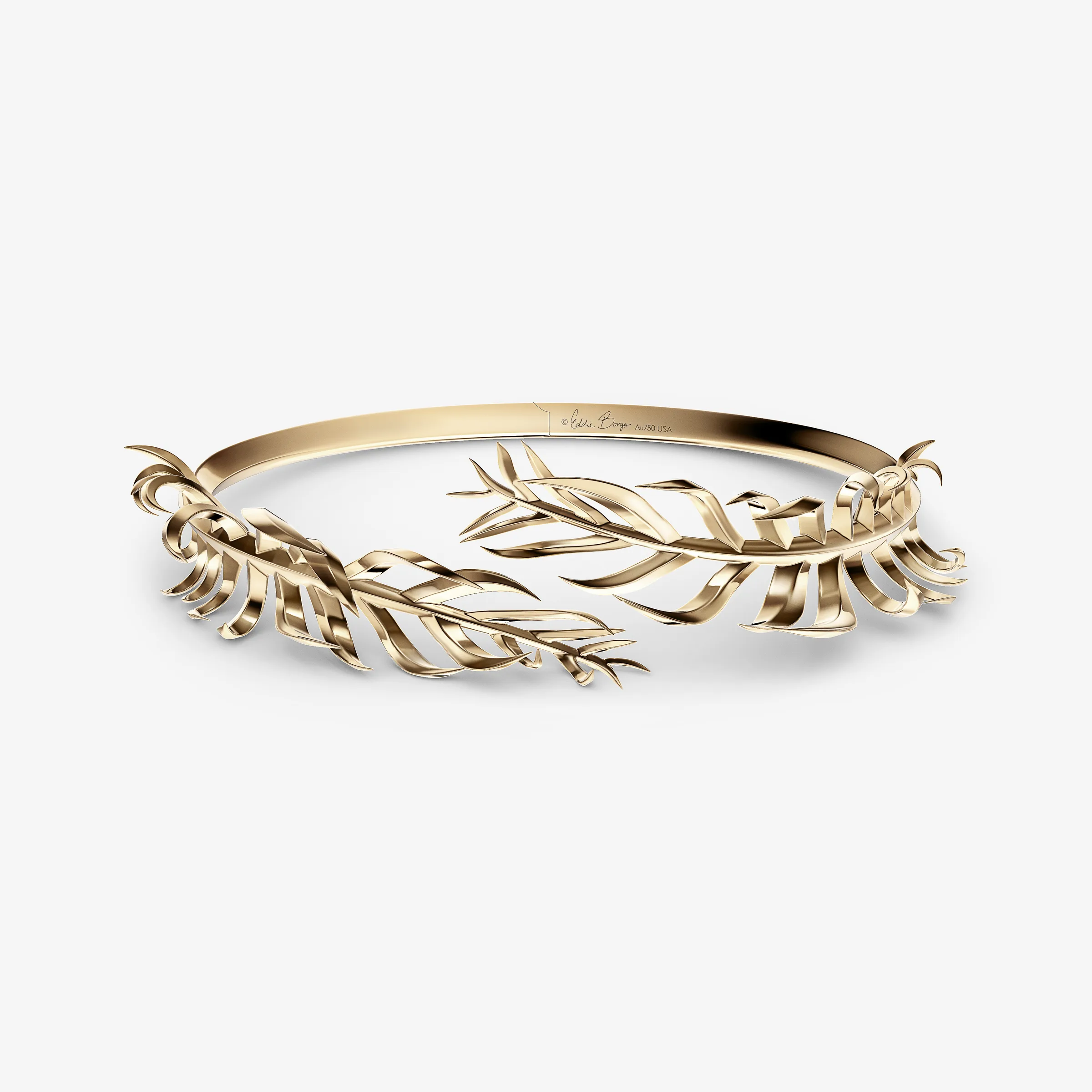CGI render of a gold open cuff bracelet with sculpted palm leaf ends on a light grey background, for Eddie Borgo.
