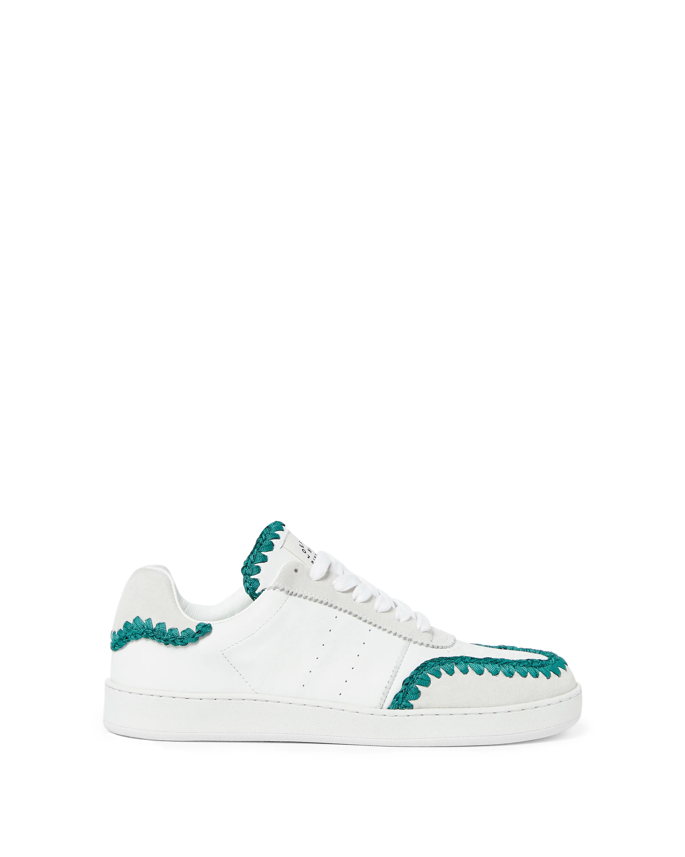 White leather low-top sneaker with suede panels and teal crochet trim, side view on white background, for Loeffler Randall.