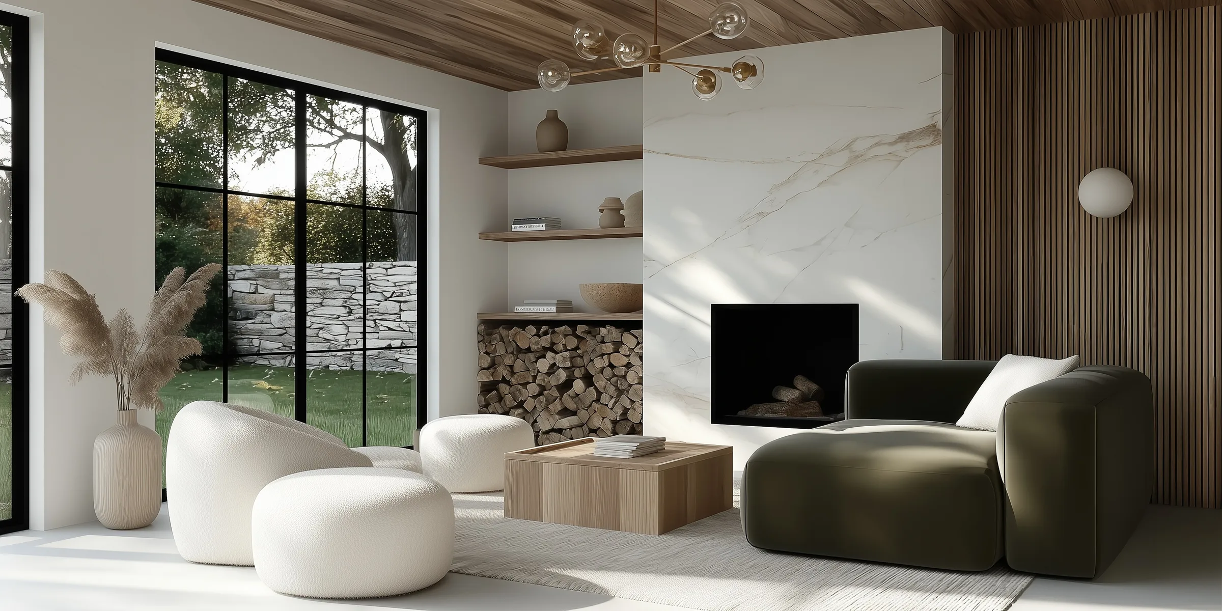 AI image of a living room with marble fireplace, olive sofa, white boucle chairs and black-framed windows. The Shade Store AI Concept.