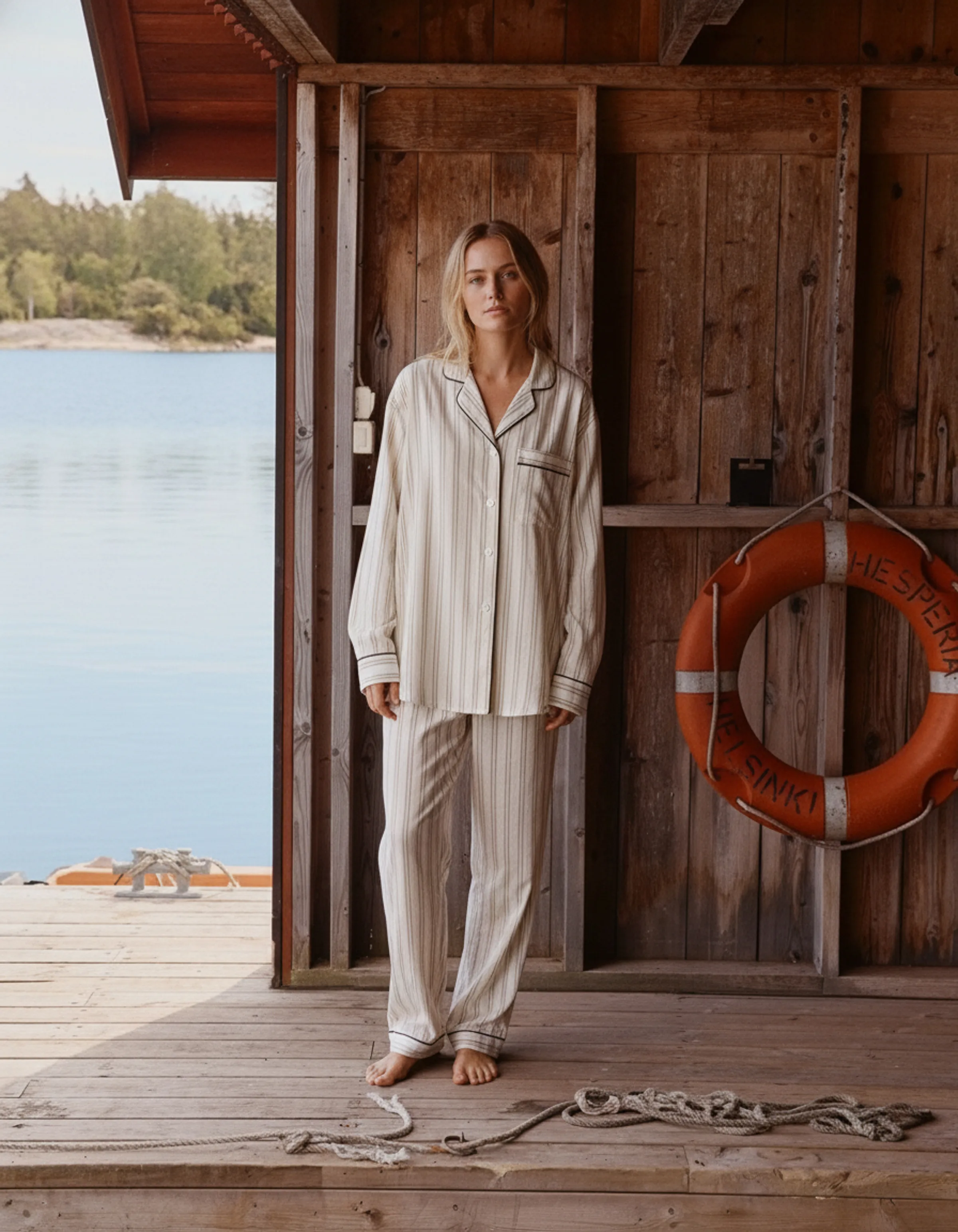 AI image of a woman in cream striped pajamas standing barefoot in a wooden boathouse by a lake. Tekla AI Concept.