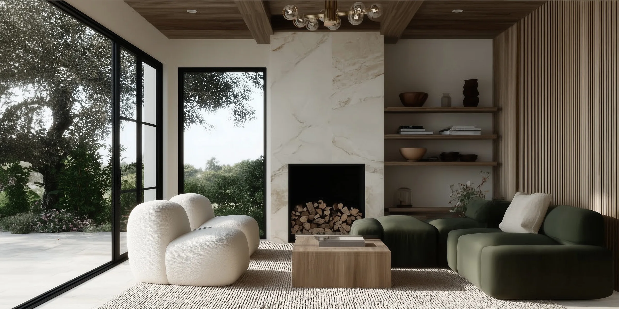 AI image of a living room with marble fireplace, white bouclé chairs, green sofa and garden windows. The Shade Store AI Concept.