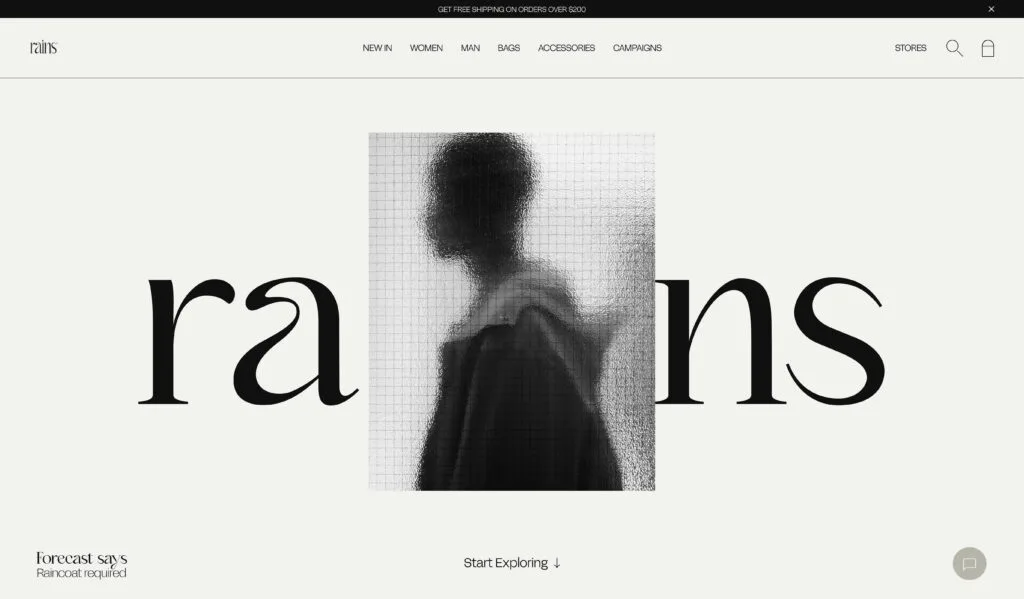 Website homepage with large serif wordmark split by a blurred figure behind frosted glass, for Rains.