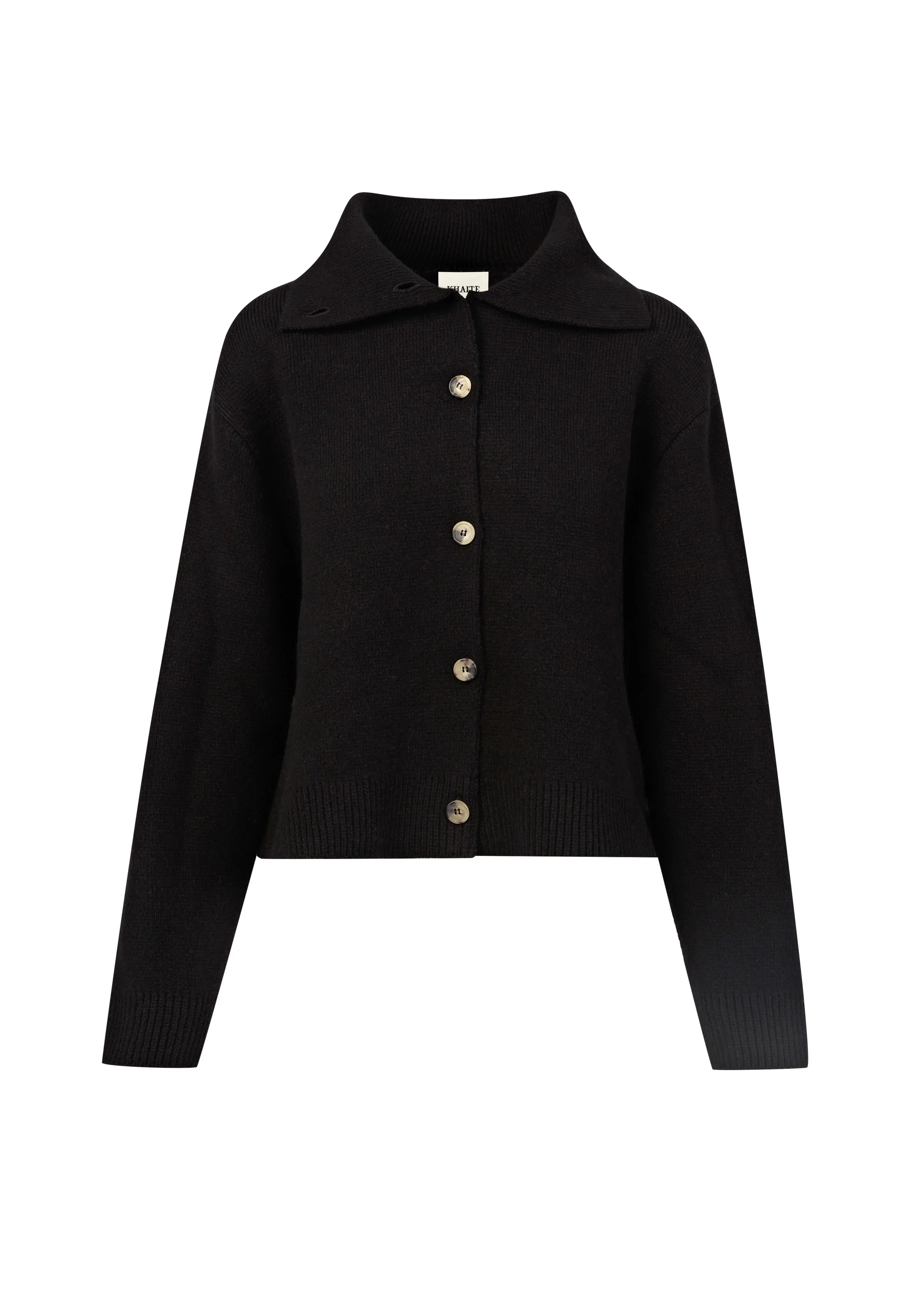 Black knit cardigan with wide collar and horn buttons on a white background, for Khaite.