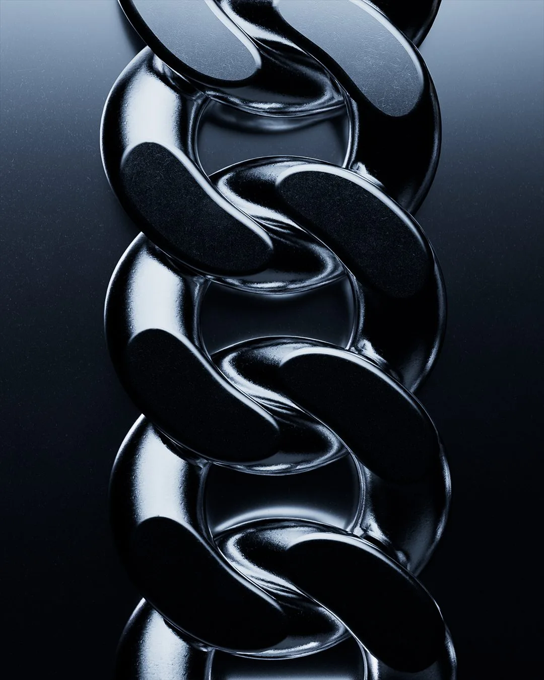 CGI render of a dark chrome curb chain with chunky interlocking links on a blue-black gradient, for 1017 ALYX 9SM.