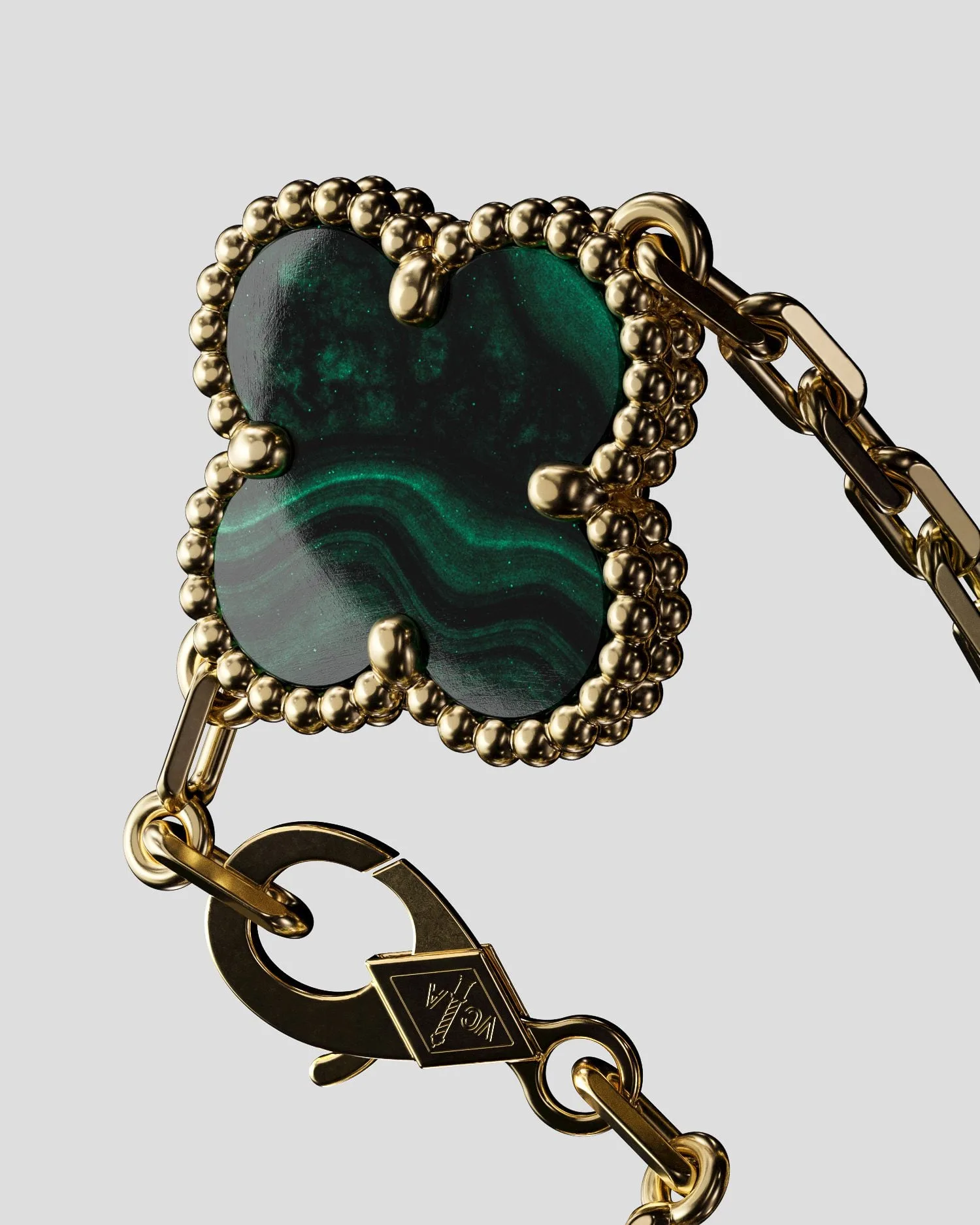 CGI render of a malachite clover bracelet with beaded gold frame, chain and VCA clasp on grey, for Van Cleef & Arpels.