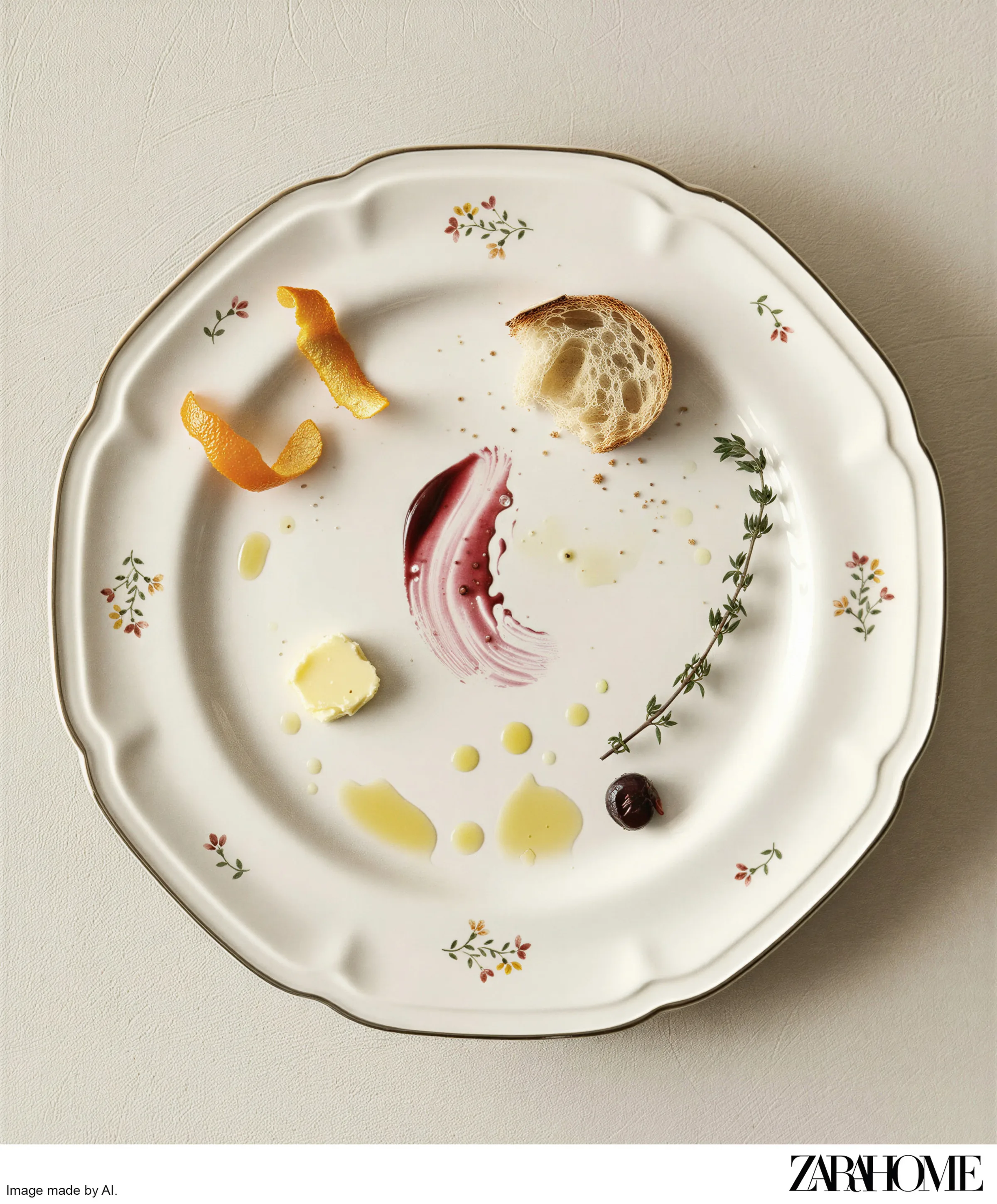 AI image of a floral-rimmed white plate with bread, butter, orange peel, thyme, olive oil and a wine smear. Zara Home AI Concept.